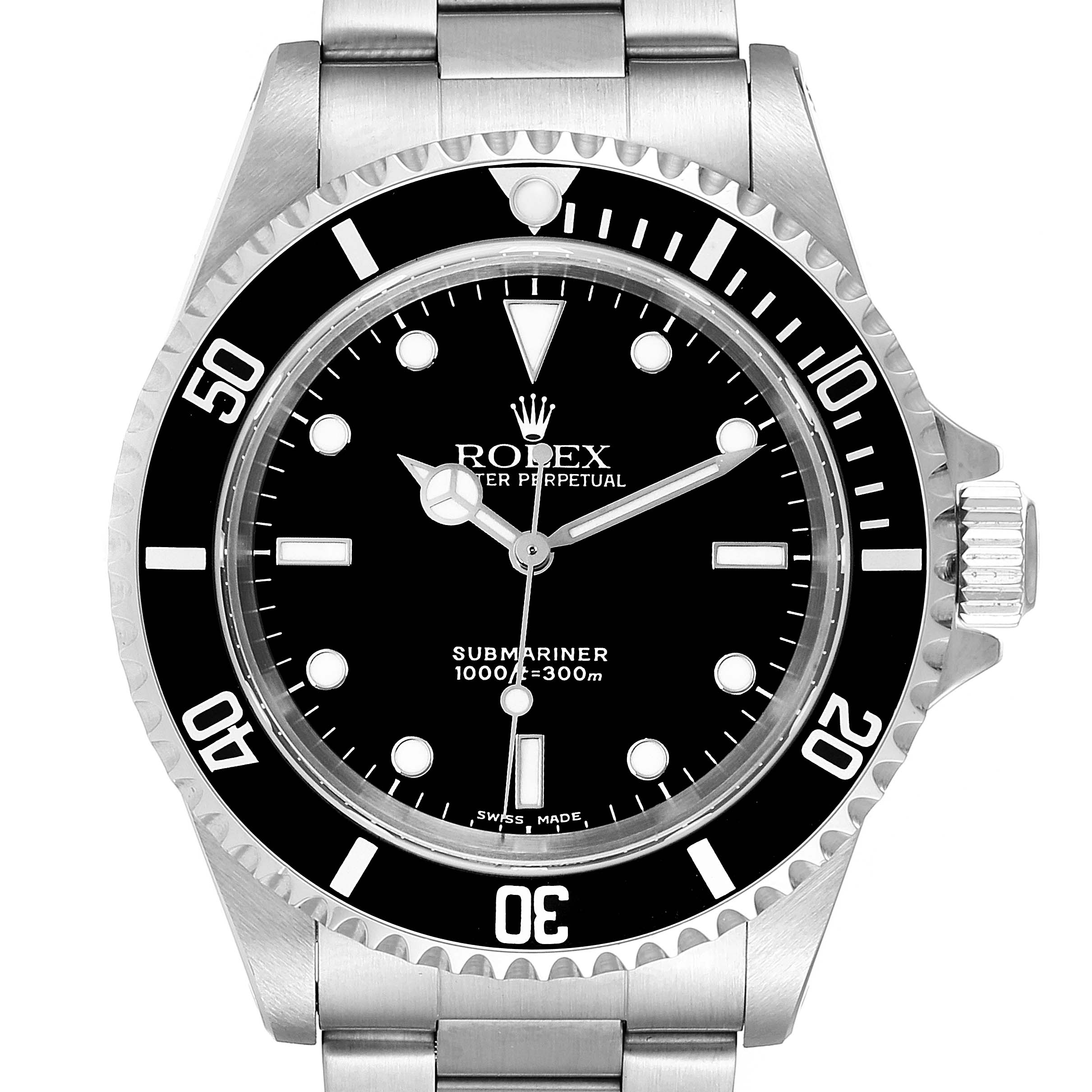 This image shows a frontal view of a Rolex Submariner 14060 Men's Stainless Steel Black Dial 14060 Men's Stainless Steel Black Dial watch, featuring the dial, bezel, crown, and part of the bracelet.