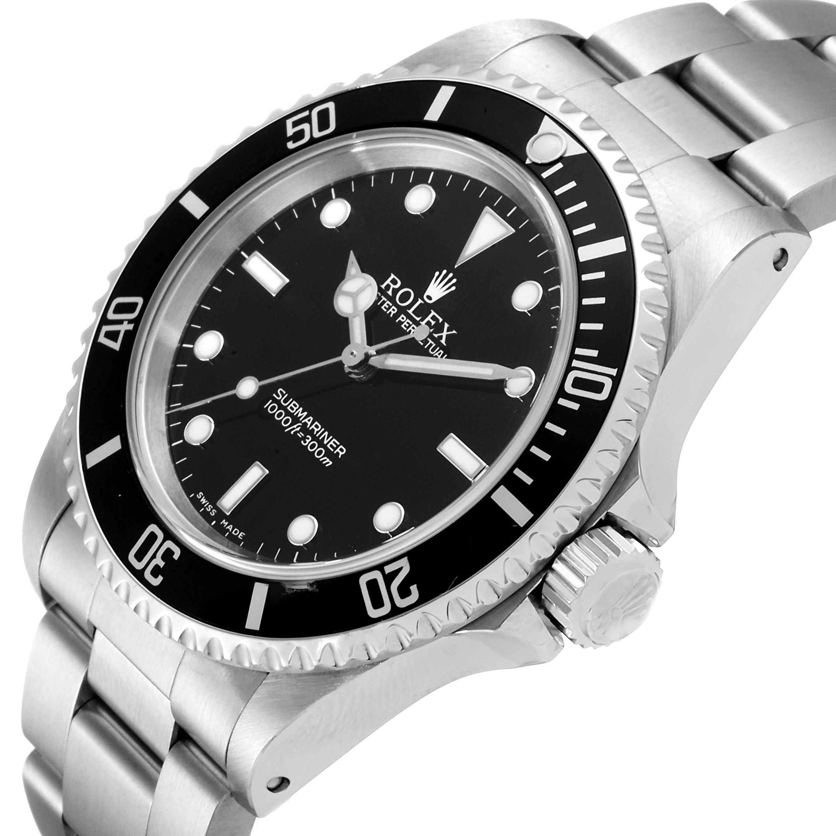 This image shows a Rolex Submariner 14060 Men's Stainless Steel Black Dial 14060 Men's Stainless Steel Black Dial watch at a three-quarter angle, highlighting the dial, bezel, crown, and bracelet.