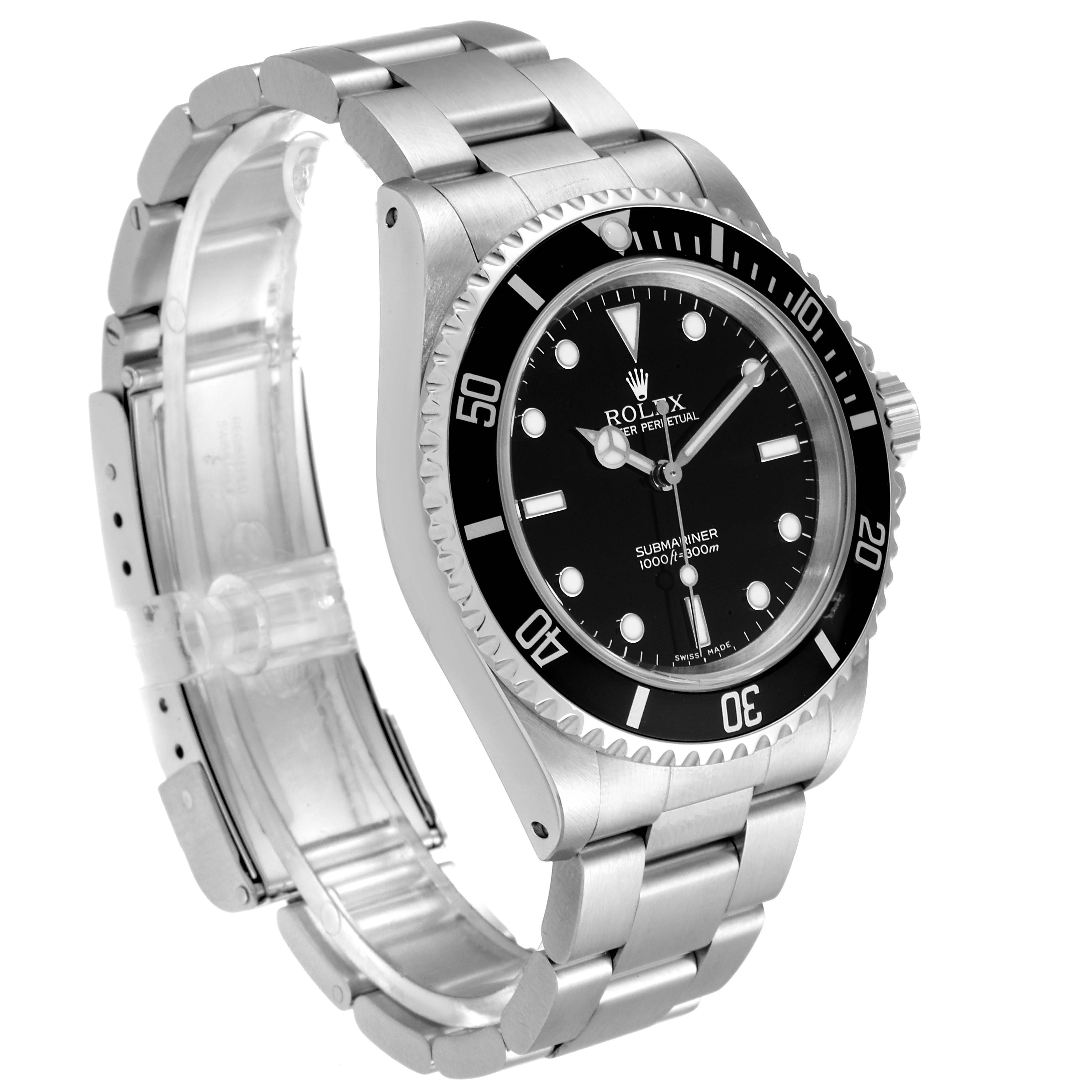 The image shows a stainless steel Rolex Submariner 14060 Men's Stainless Steel Black Dial 14060 Men's Stainless Steel Black Dial watch, angled to display the face, bezel, crown, and part of the bracelet.