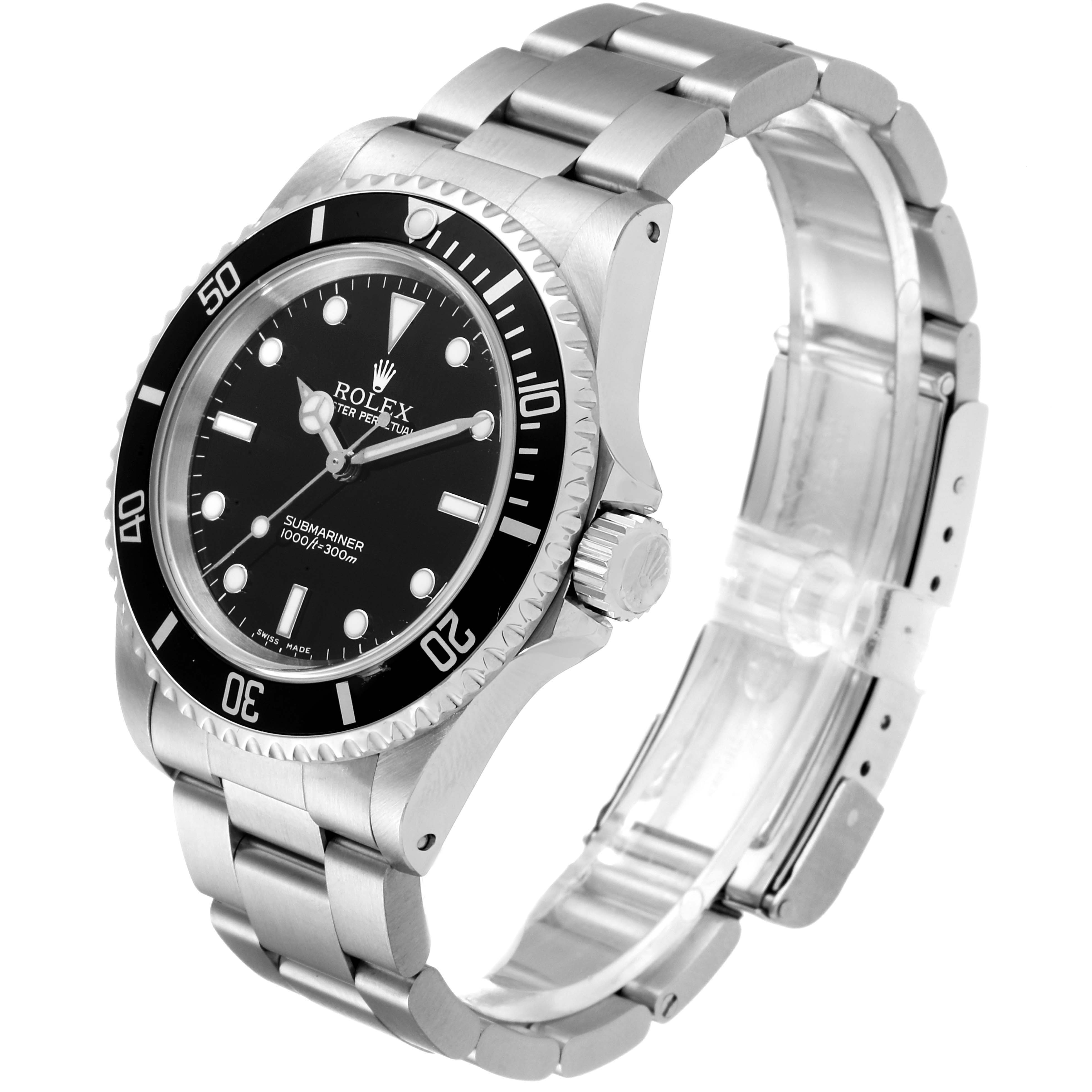 The image shows a side angle of the Rolex Submariner 14060 Men's Stainless Steel Black Dial 14060 Men's Stainless Steel Black Dial watch, showcasing the case, bezel, dial, and bracelet.