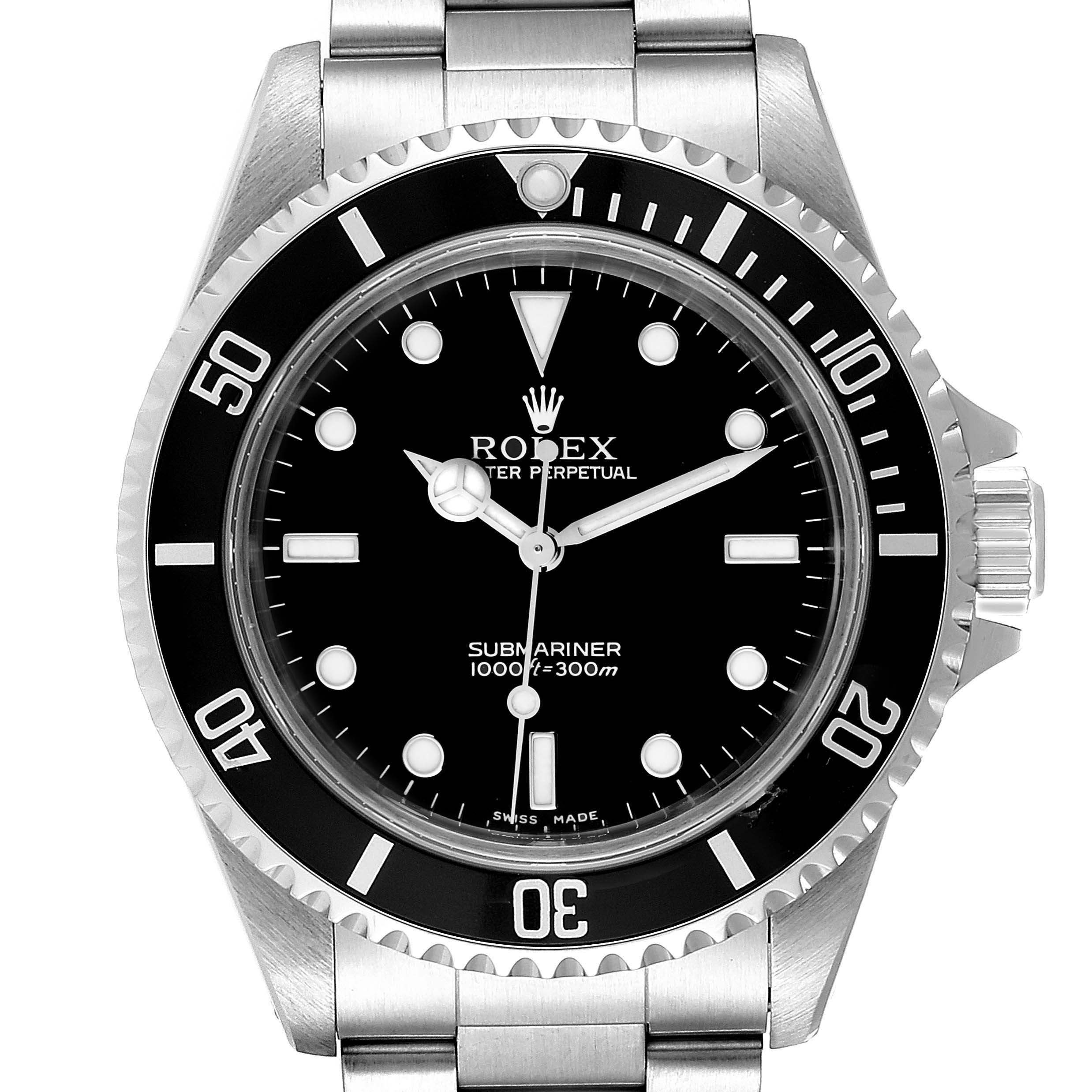 The image shows a frontal view of a Rolex Submariner 14060 Men's Stainless Steel Black Dial 14060 Men's Stainless Steel Black Dial watch displaying its face, bezel, and part of its bracelet.
