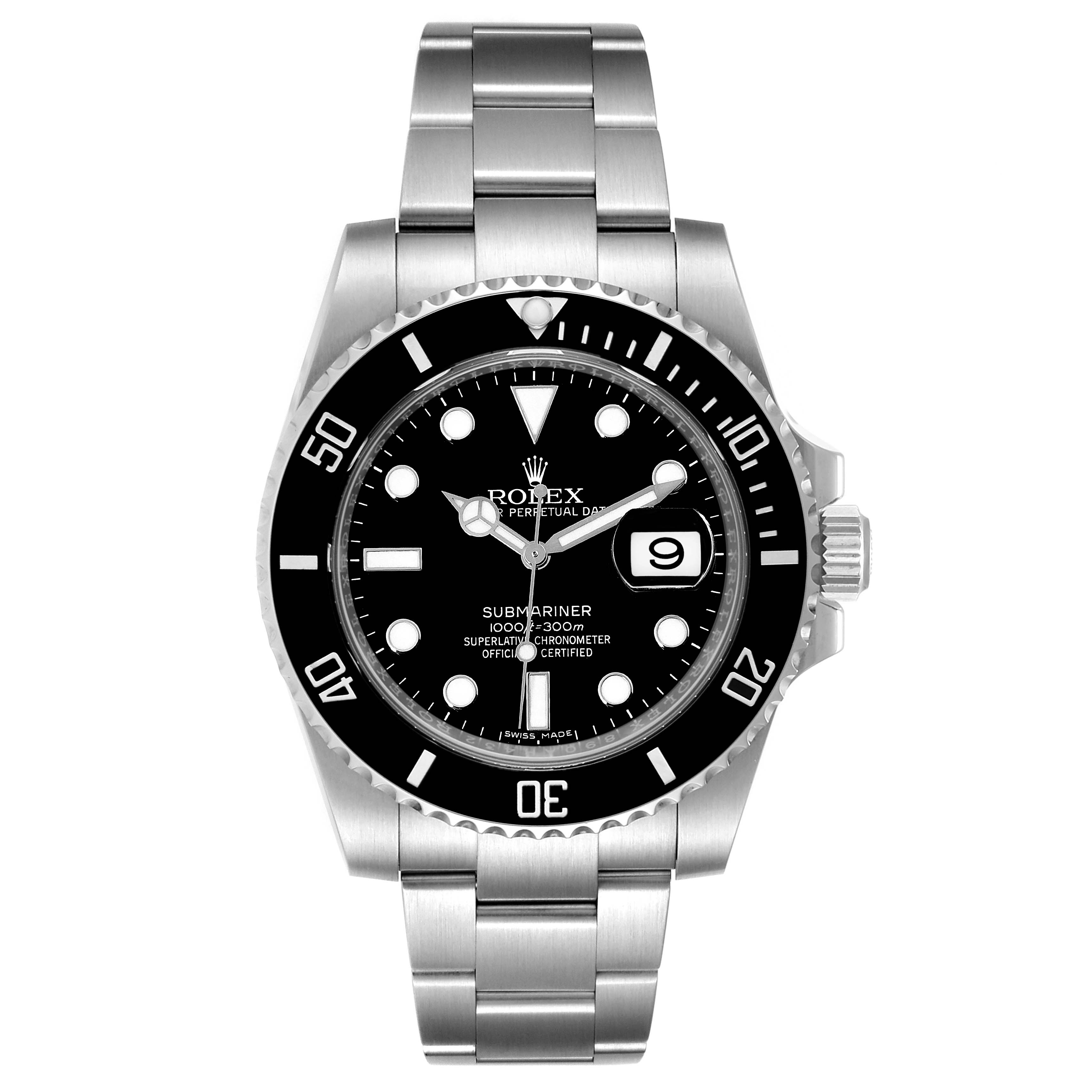 This image shows a front view of the Rolex Submariner 116610 Men
s Stainless Steel Black Dial 116610 Men
s Stainless Steel Black Dial watch, displaying the face, bezel, and bracelet.