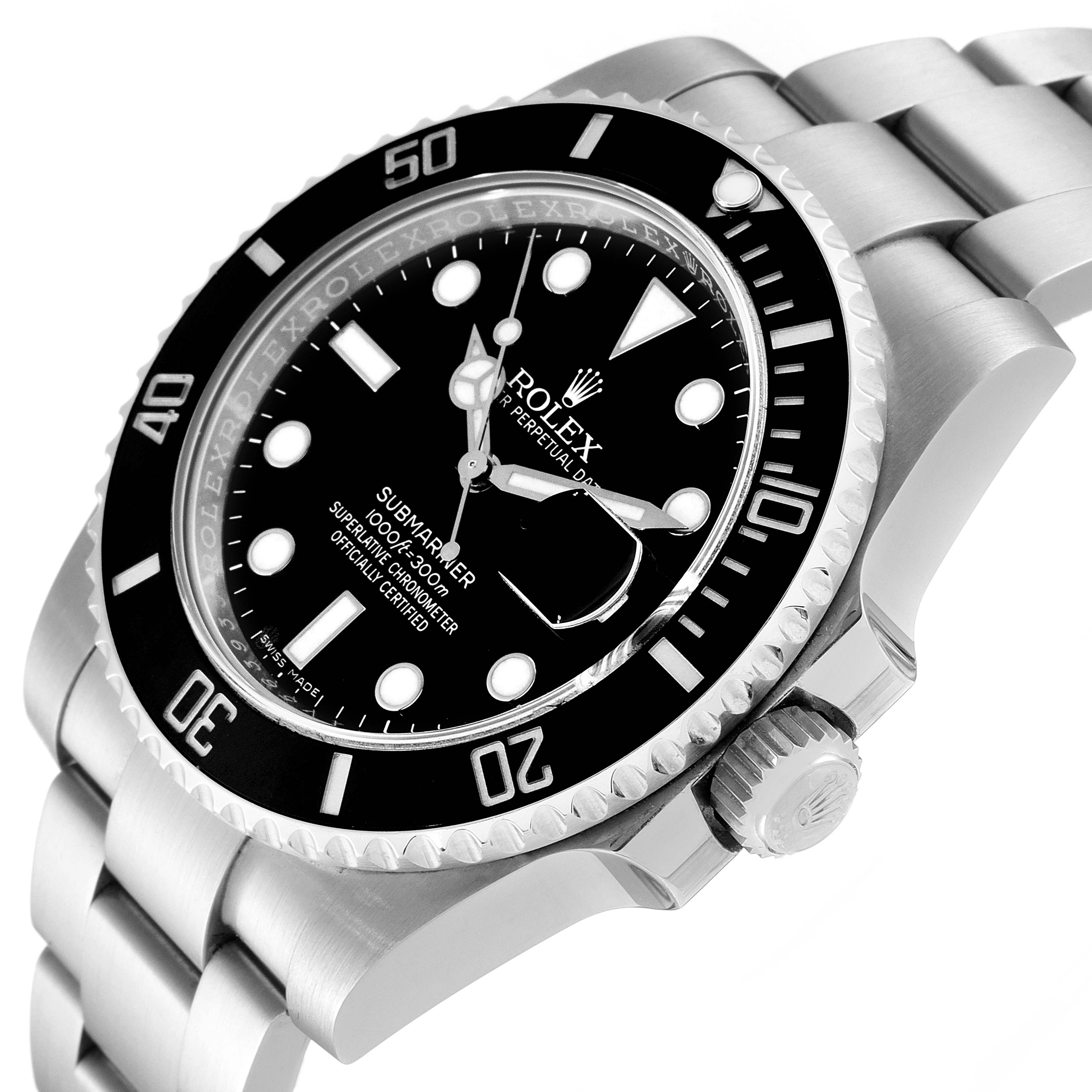 The Rolex Submariner 116610 Men
s Stainless Steel Black Dial 116610 Men
s Stainless Steel Black Dial watch is shown at an angle highlighting the dial, bezel, crown, and part of the metal bracelet.