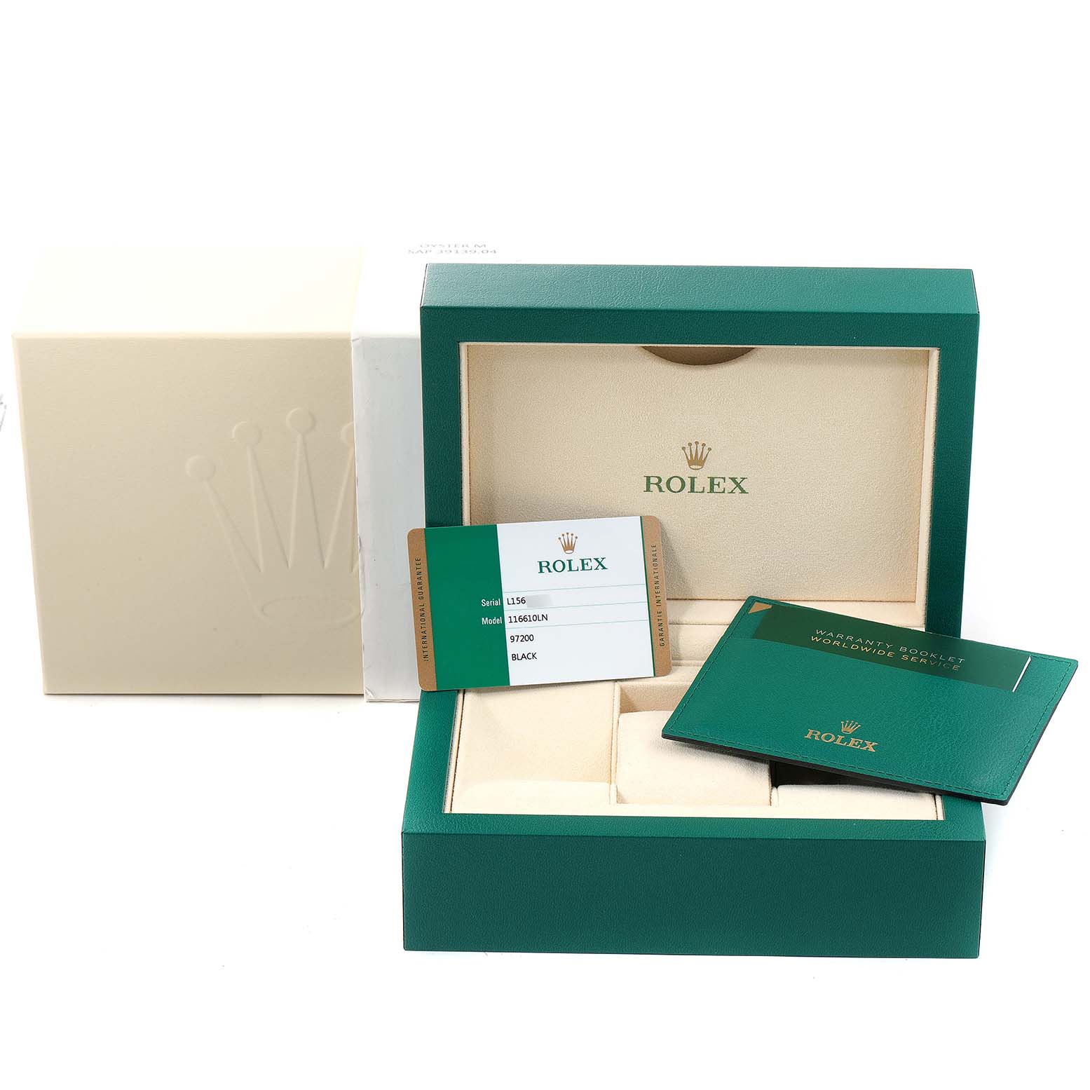 The image shows an open Rolex Submariner 116610 Men
s Stainless Steel Black Dial 116610 Men
s Stainless Steel Black Dial watch box with a warranty booklet and certification card.