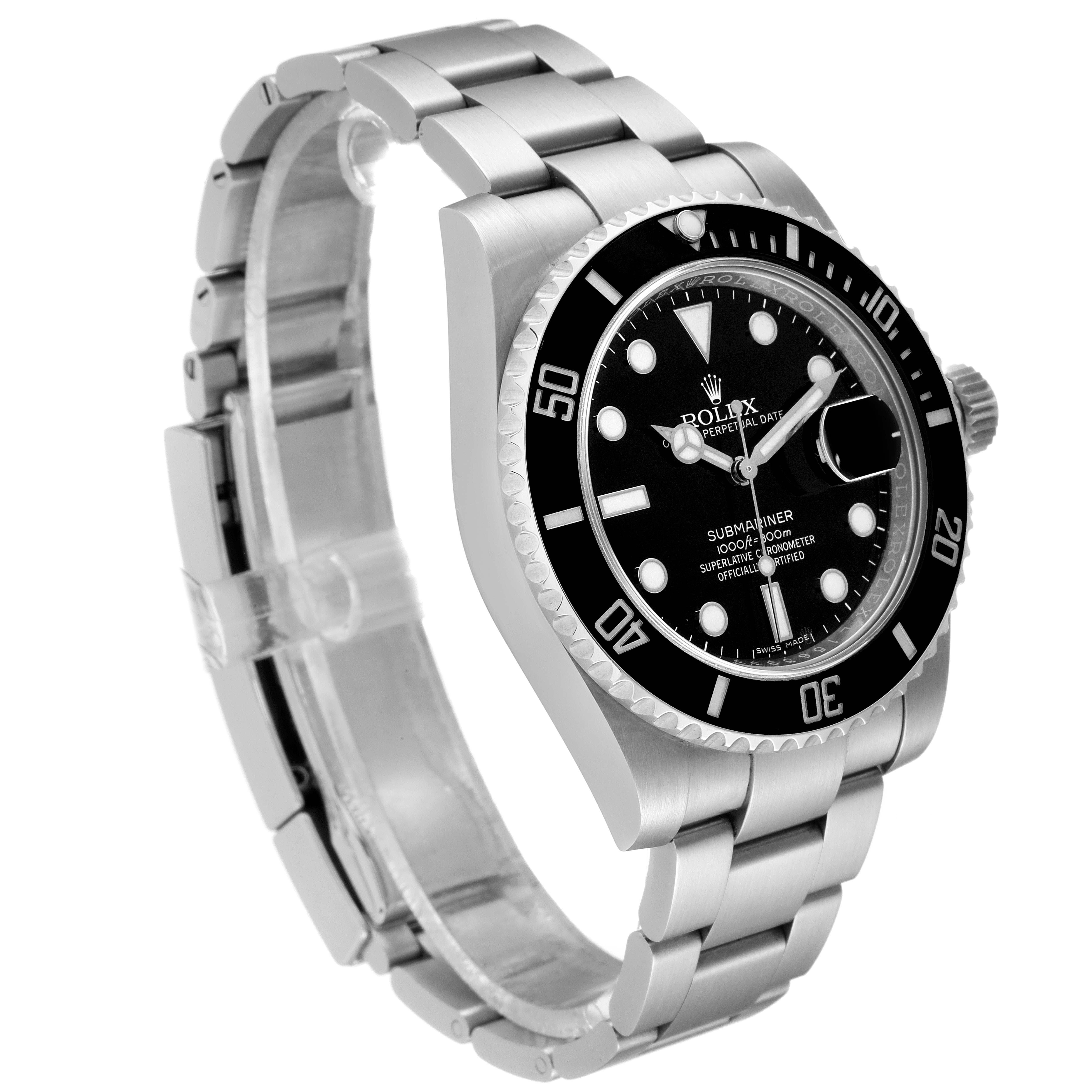 This image shows a Rolex Submariner 116610 Men
s Stainless Steel Black Dial 116610 Men
s Stainless Steel Black Dial model watch at a slight side angle, showcasing its dial, bezel, and bracelet.