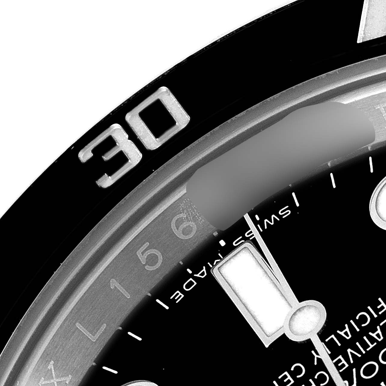 This image shows a close-up of the bezel and part of the dial of the Rolex Submariner 116610 Men
s Stainless Steel Black Dial 116610 Men
s Stainless Steel Black Dial watch, highlighting the "30" marker and the minute markers.