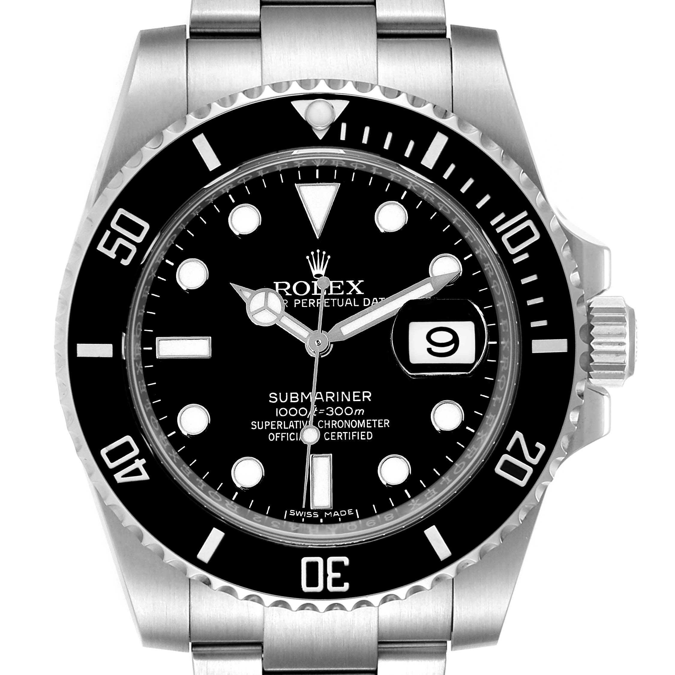 The image shows a front view of a Rolex Submariner 116610 Men
s Stainless Steel Black Dial 116610 Men
s Stainless Steel Black Dial watch, highlighting the dial, bezel, date window, and part of the bracelet.