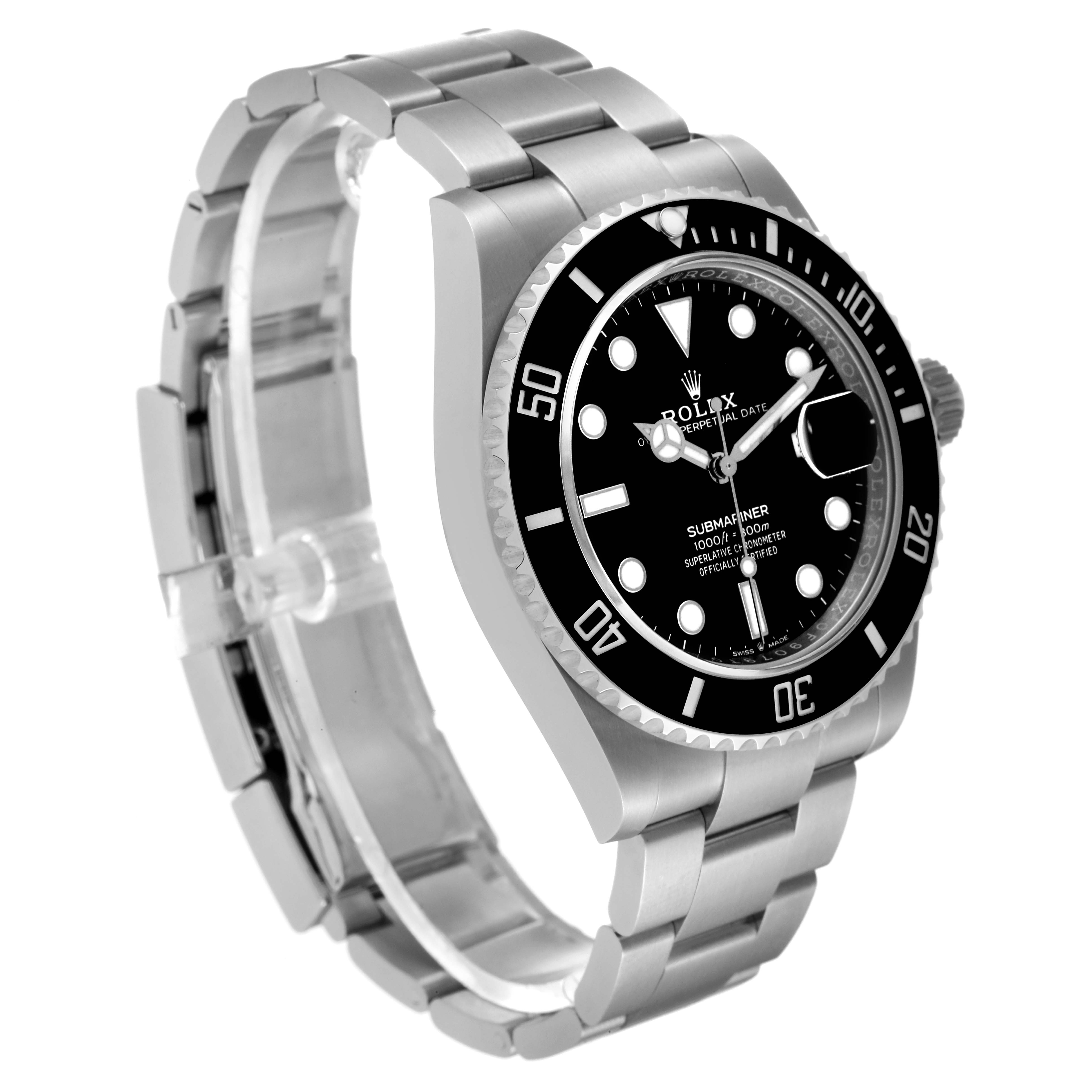 This image shows a side-angle view of the Rolex Submariner 126610 Men's Stainless Steel Black Dial 126610 Men's Stainless Steel Black Dial, displaying its bezel, dial, bracelet, and case.