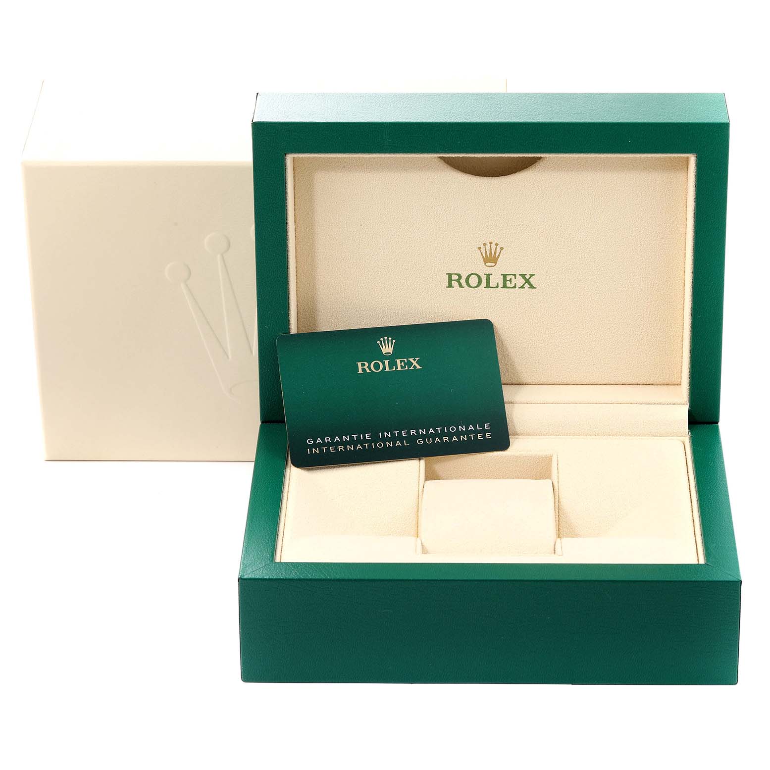 The image shows an open Rolex Submariner 126610 Men's Stainless Steel Black Dial 126610 Men's Stainless Steel Black Dial watch box and its international guarantee card.