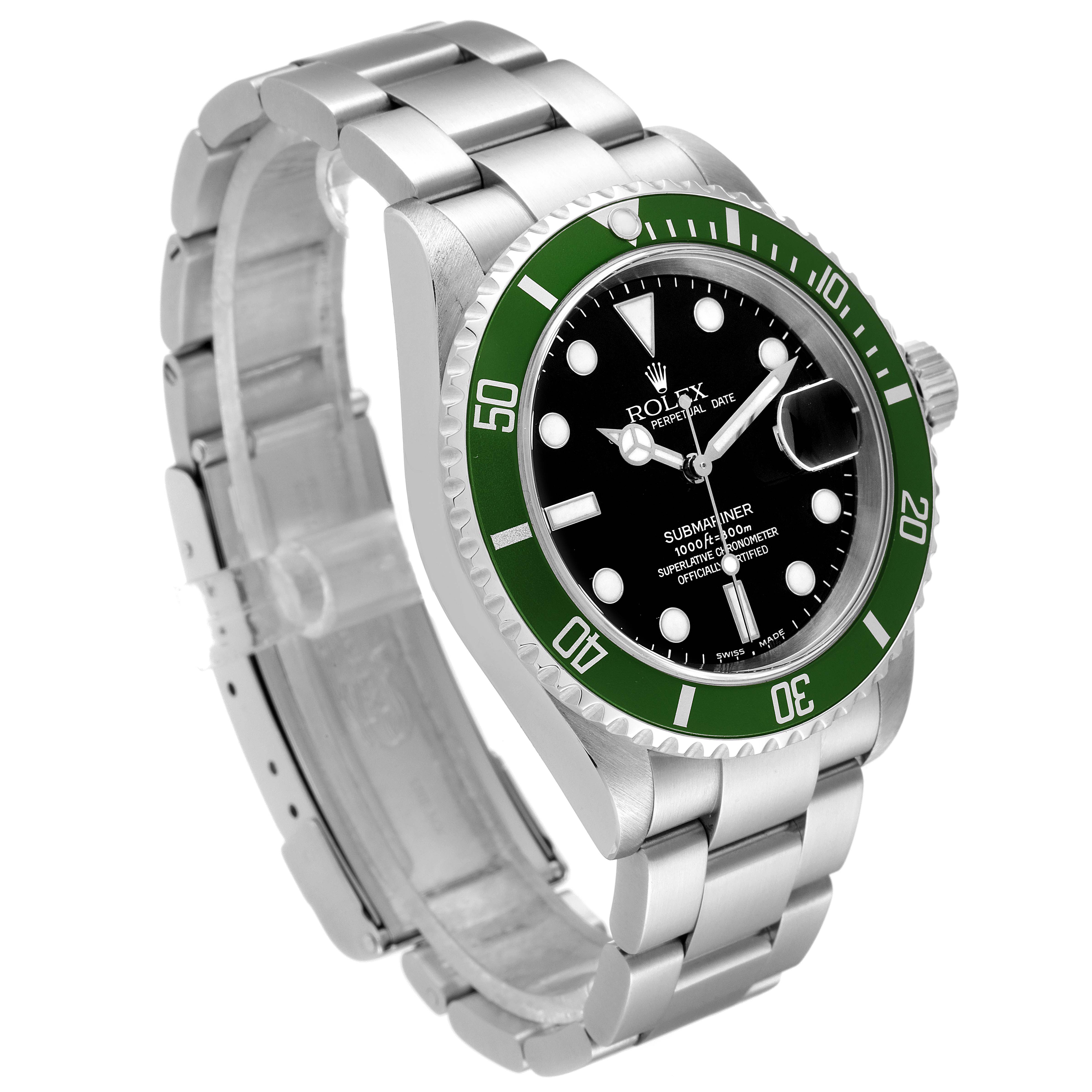 The image showcases a Rolex Submariner 16610LV Men's Stainless Steel Black Dial 16610LV Men's Stainless Steel Black Dial watch at an oblique angle, highlighting its green bezel, black dial, and stainless steel bracelet.