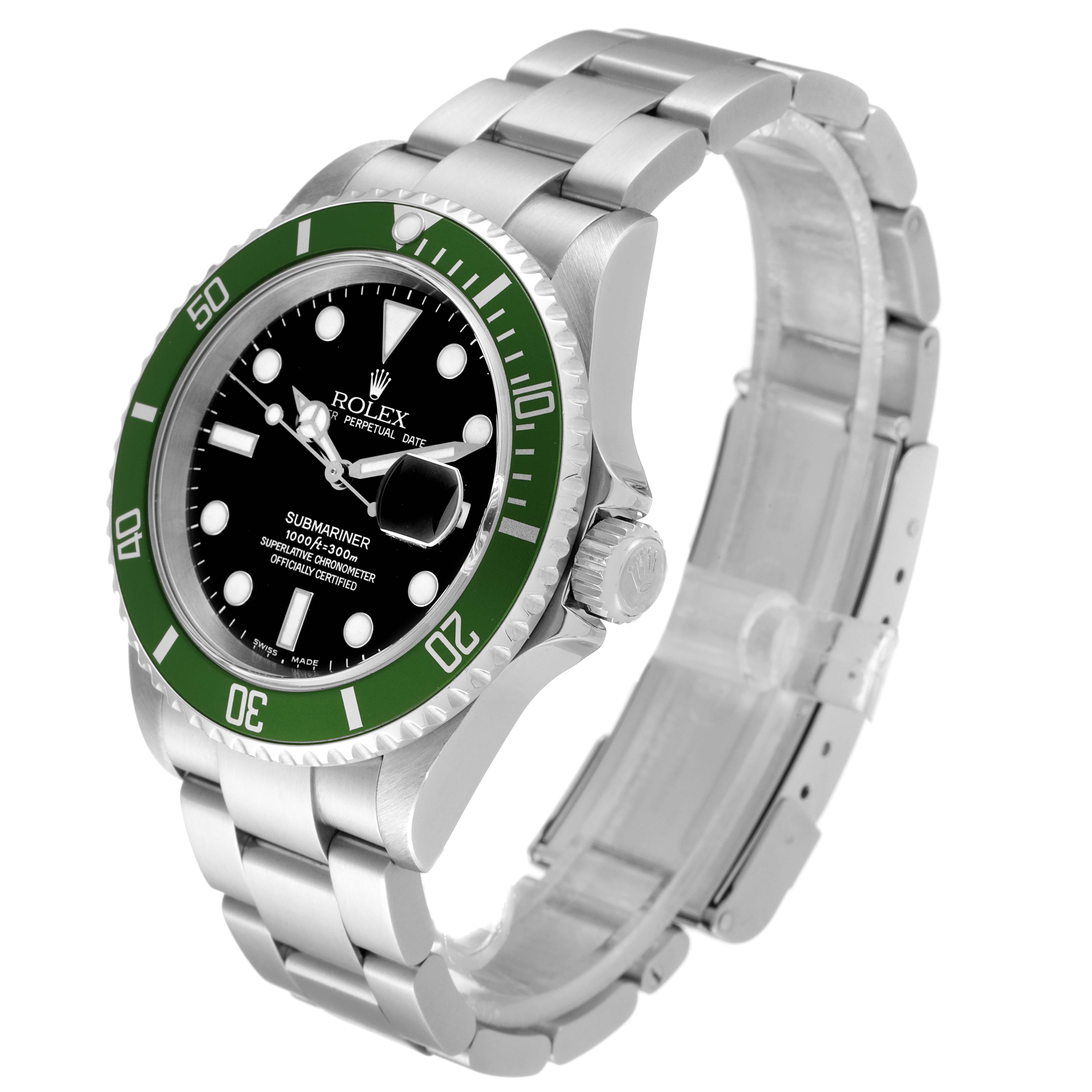 The image shows a Rolex Submariner 16610LV Men's Stainless Steel Black Dial 16610LV Men's Stainless Steel Black Dial watch at an angle highlighting its face, bezel, crown, and bracelet.