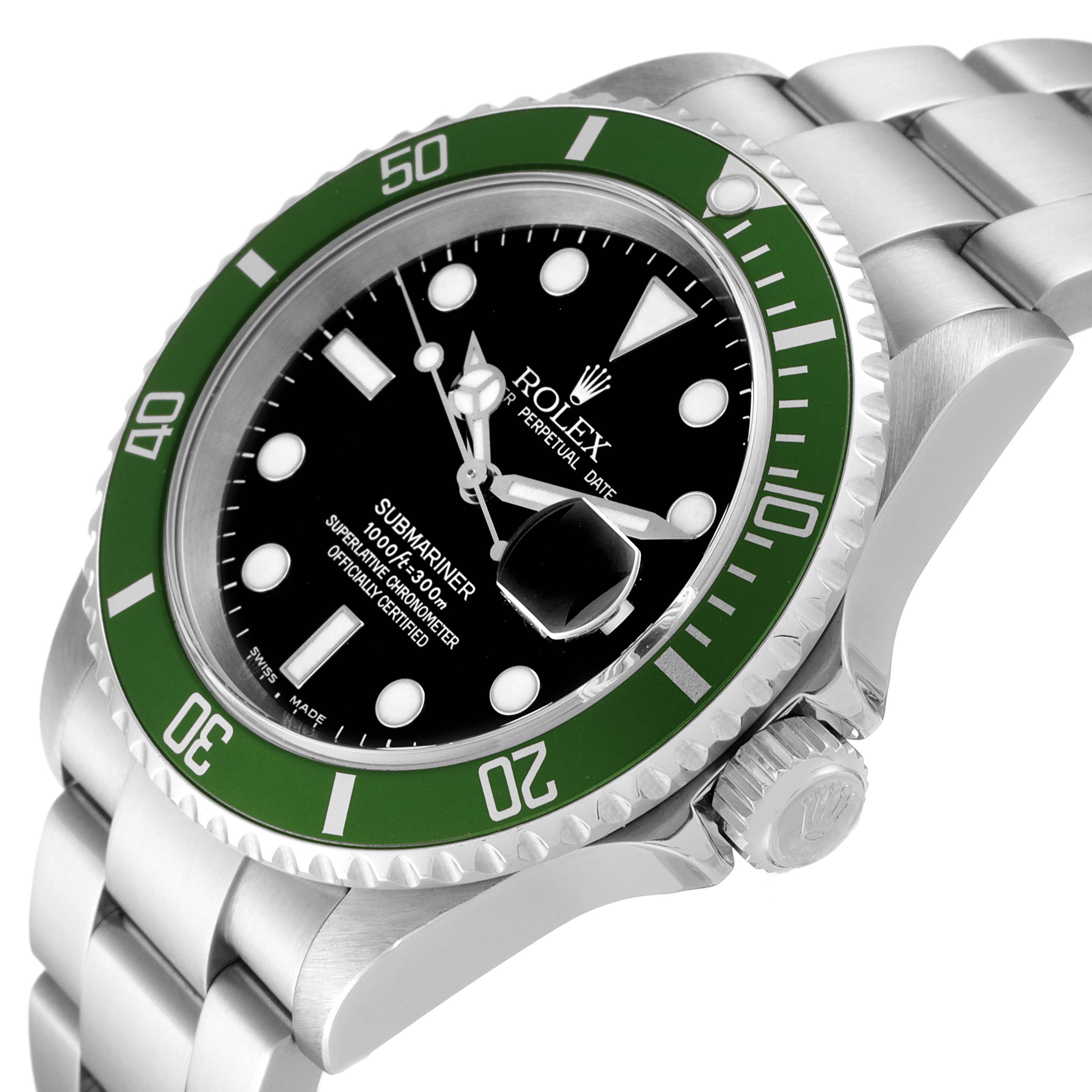 The angled image shows the Rolex Submariner 16610LV Men's Stainless Steel Black Dial 16610LV Men's Stainless Steel Black Dial's face, green bezel, crown, and part of the bracelet.