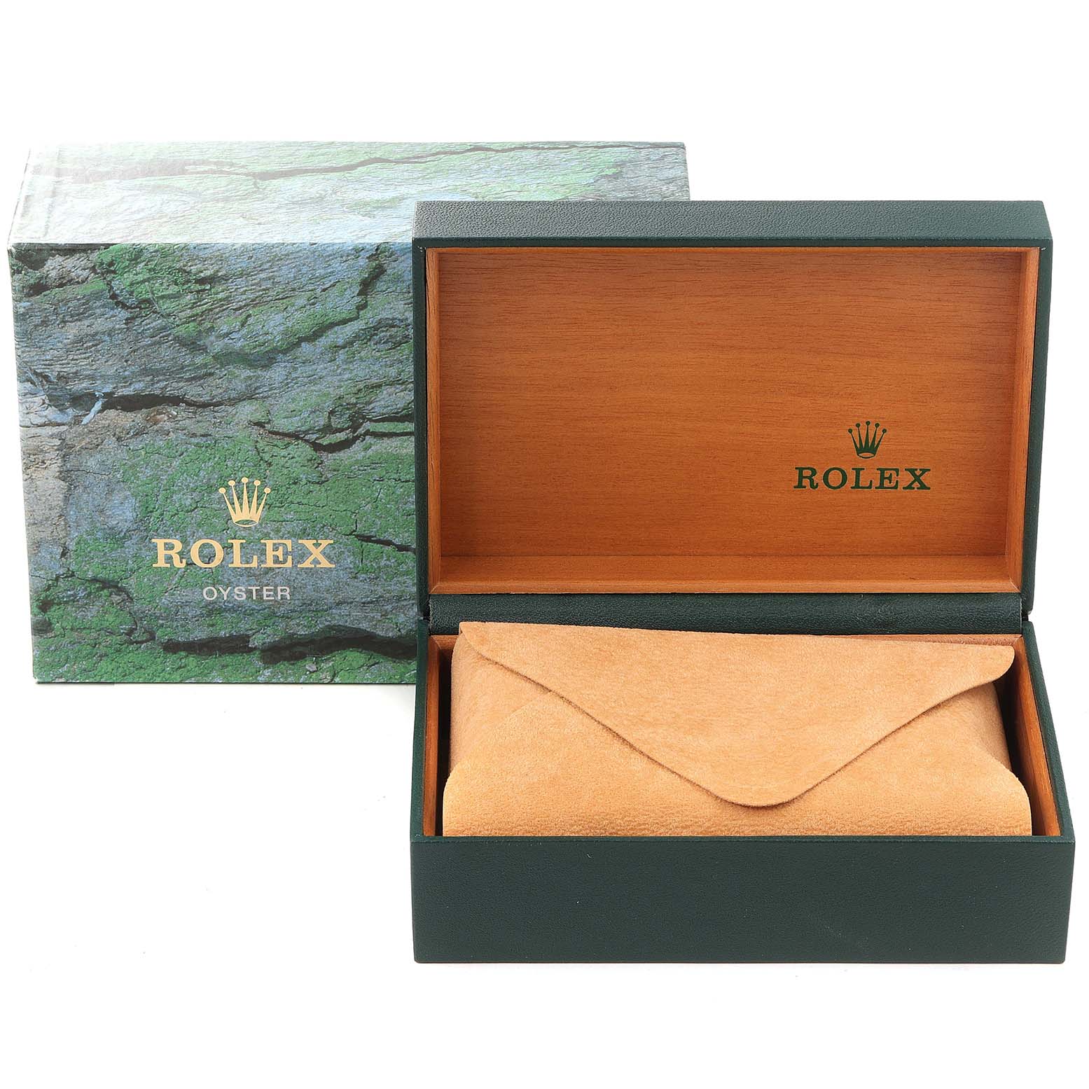 The image shows the opened packaging box and a leather pouch for a Rolex Submariner 16610LV Men's Stainless Steel Black Dial 16610LV Men's Stainless Steel Black Dial watch.