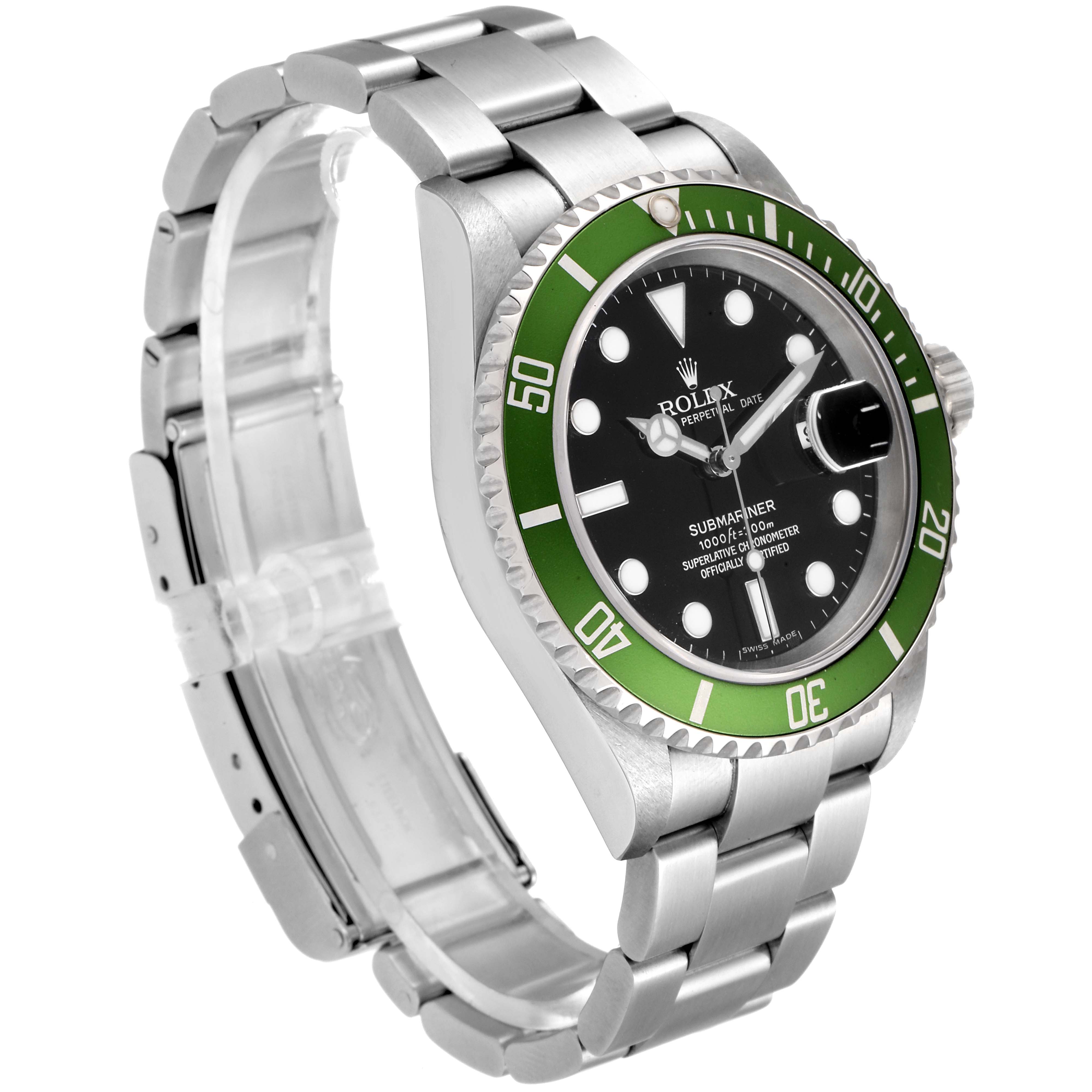 The image shows a Rolex Submariner 16610LV Men
s Stainless Steel Black Dial 16610LV Men
s Stainless Steel Black Dial watch at a slightly angled side view, highlighting the bezel, dial, bracelet, and clasp.