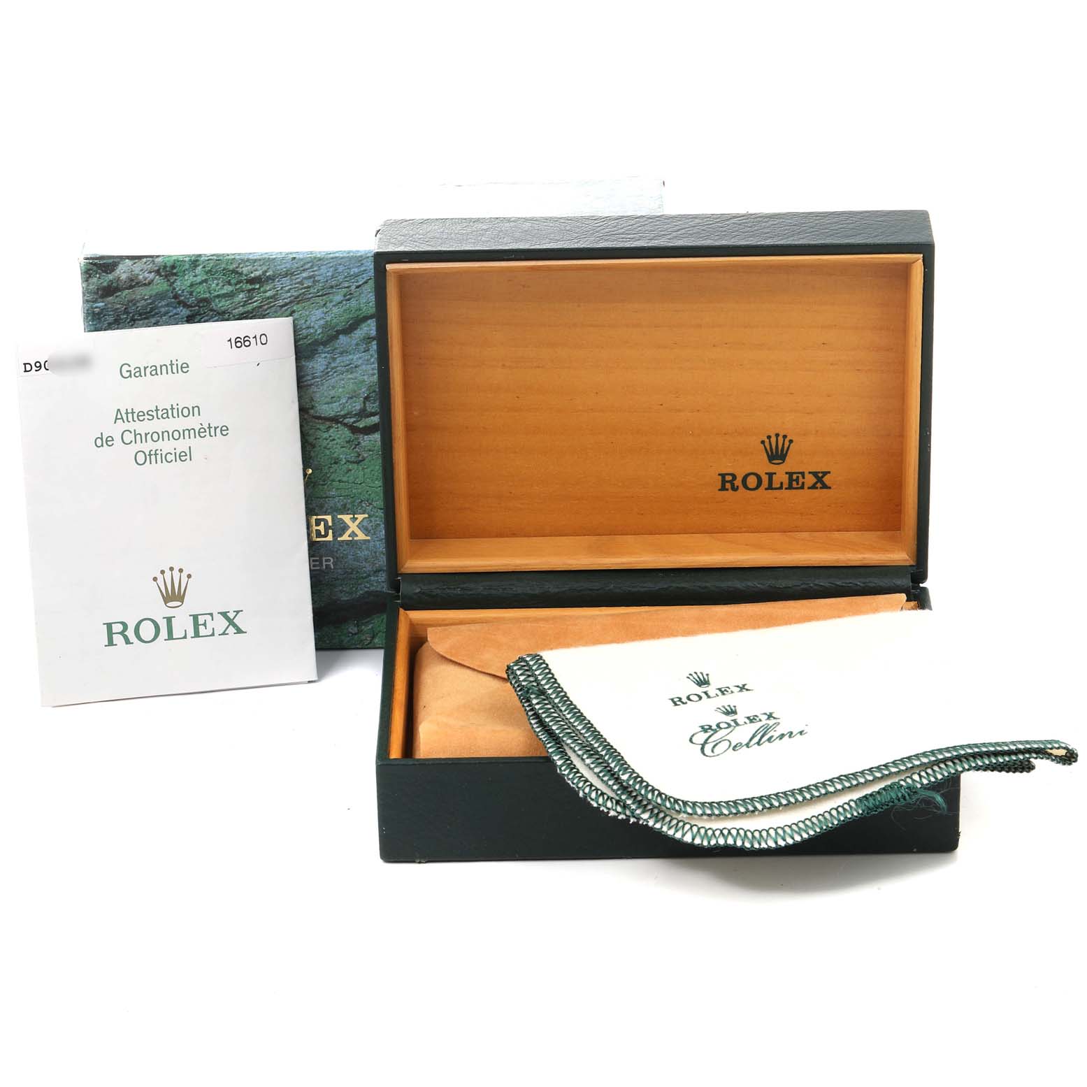 The image shows a Rolex Submariner 16610LV Men
s Stainless Steel Black Dial 16610LV Men
s Stainless Steel Black Dial watch box, warranty card, cleaning cloth, and packaging from a straight-on angle.