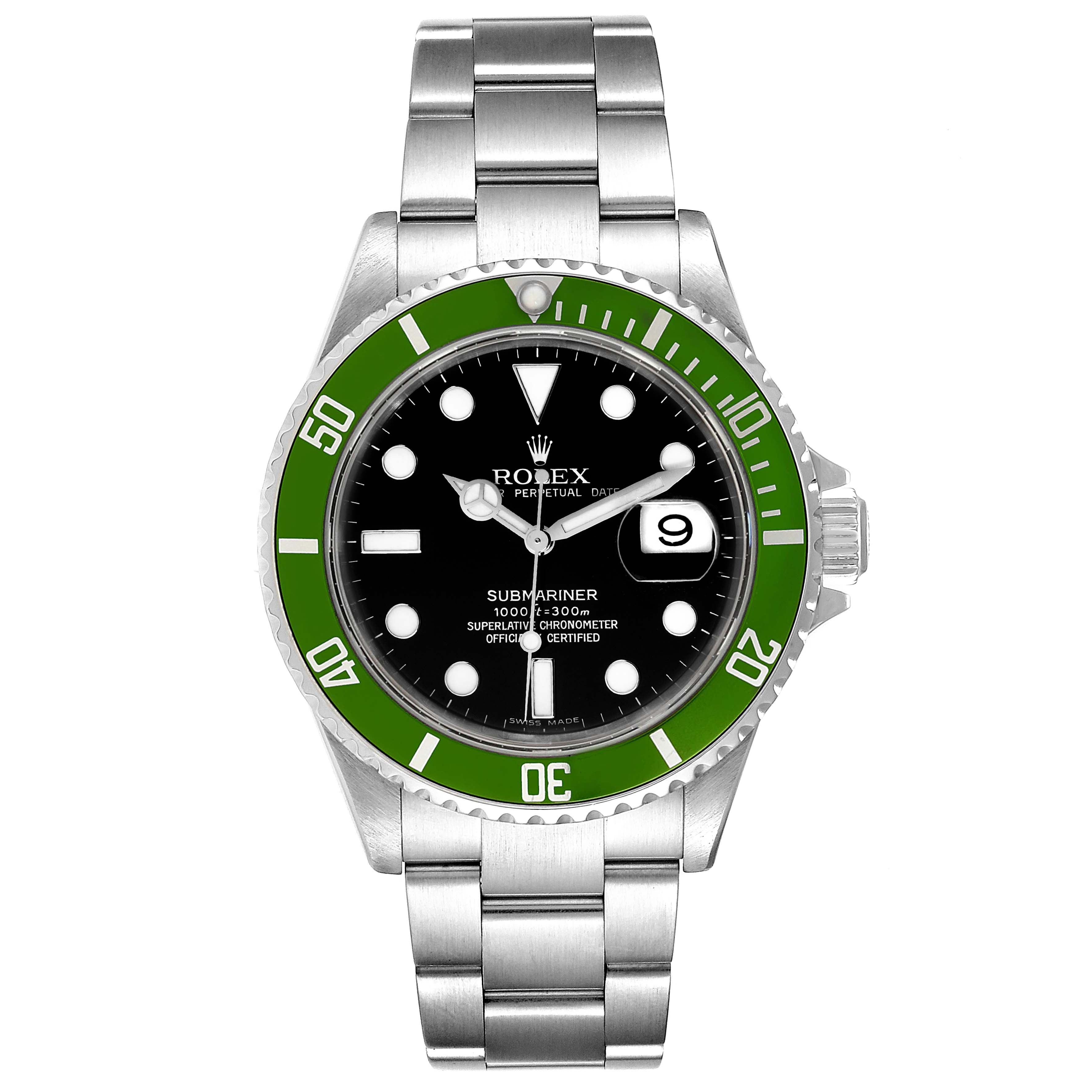 The image shows a front view of a Rolex Submariner 16610LV Men
s Stainless Steel Black Dial 16610LV Men
s Stainless Steel Black Dial watch, highlighting its bezel, dial, hands, and bracelet.
