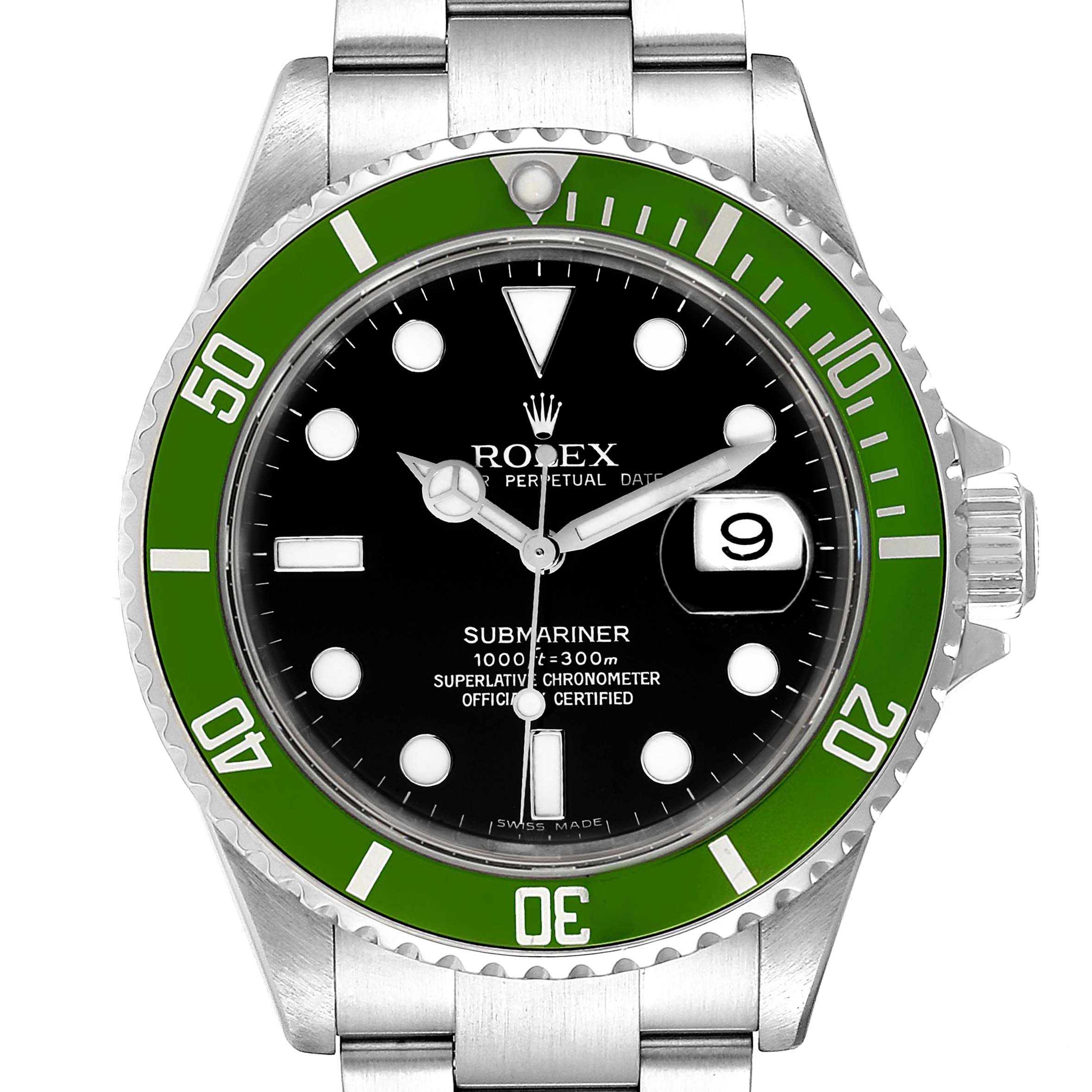 This image shows a front view of a Rolex Submariner 16610LV Men
s Stainless Steel Black Dial 16610LV Men
s Stainless Steel Black Dial watch, featuring a green bezel, black dial, and date window.