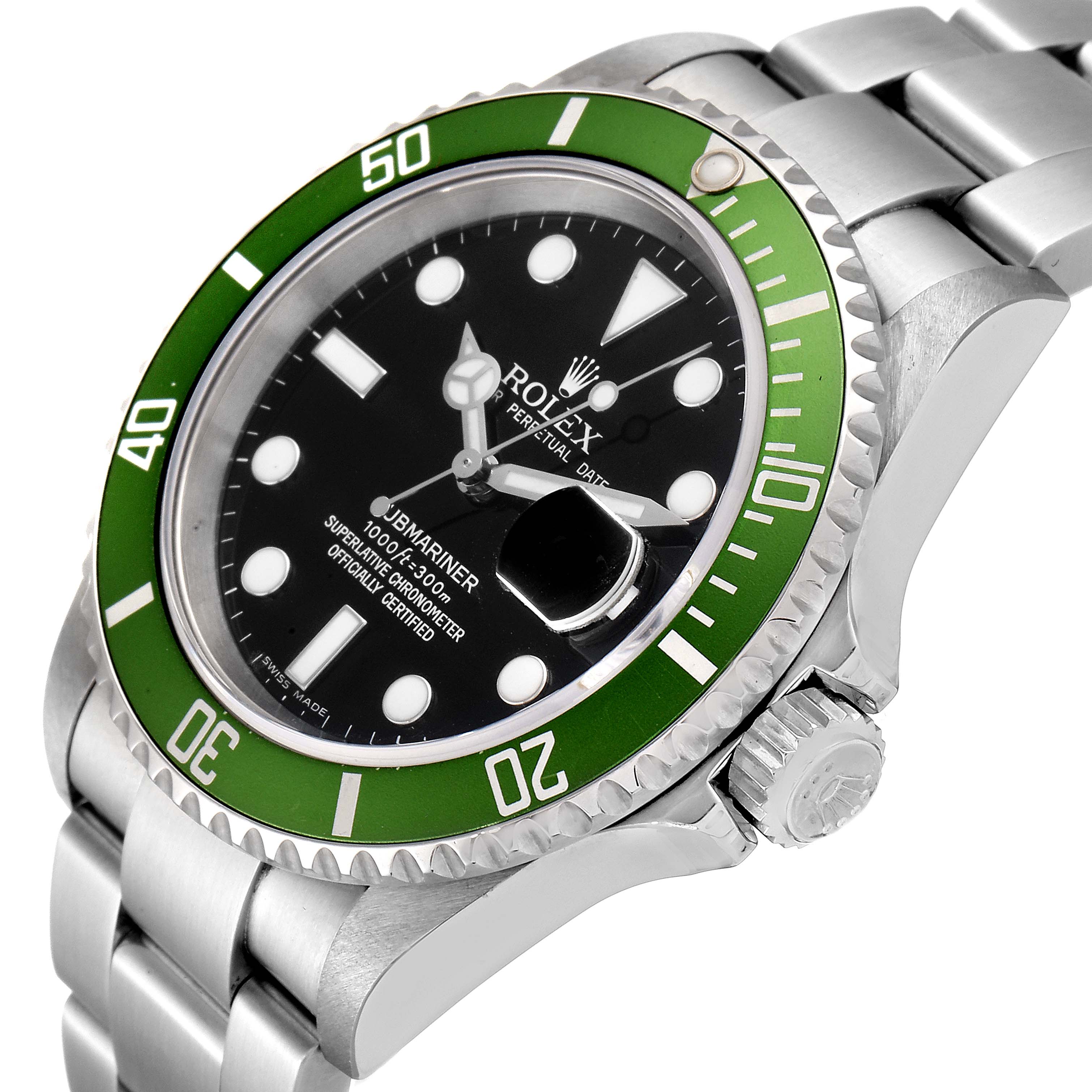 The image shows a Rolex Submariner 16610LV Men
s Stainless Steel Black Dial 16610LV Men
s Stainless Steel Black Dial watch at a slight angle, capturing the face, bezel, and part of the bracelet.