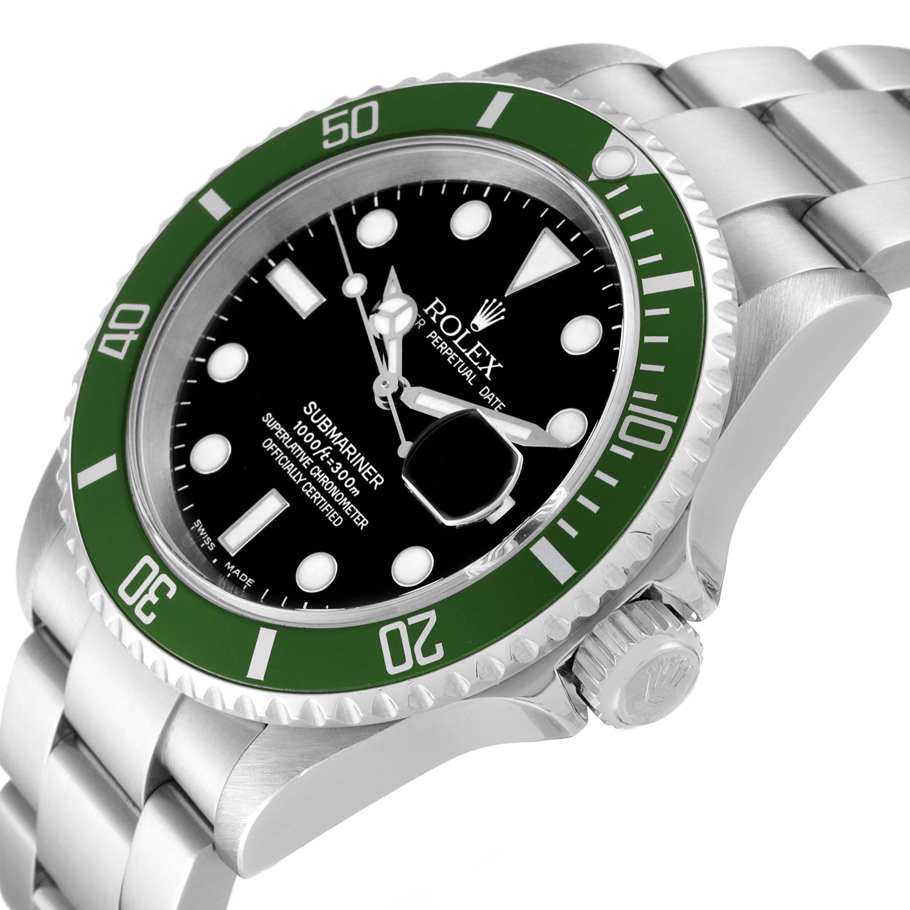 The image shows a Rolex Submariner 16610LV Men's Stainless Steel Black Dial watch from a side angle, highlighting the green bezel, dial, and bracelet.