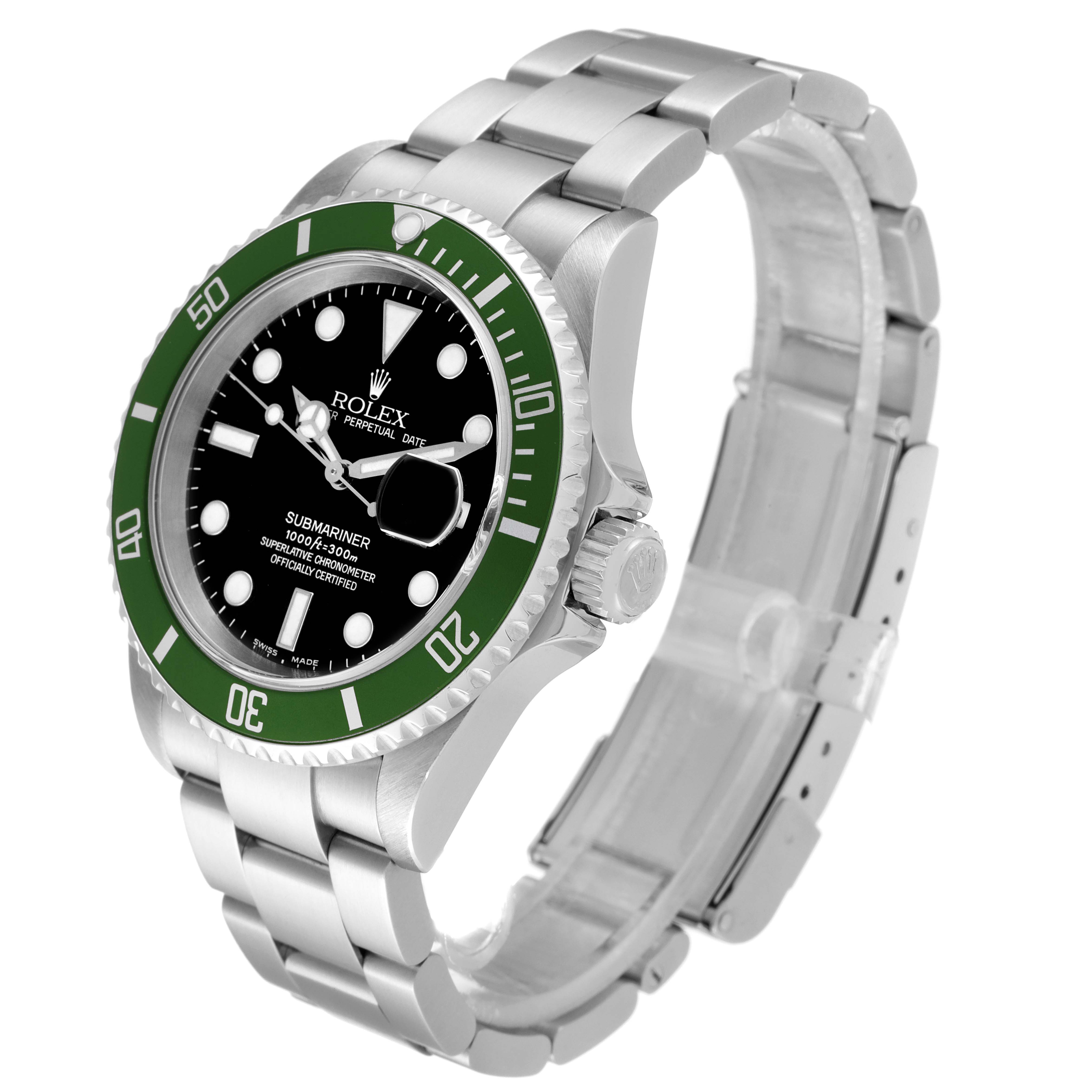 The Rolex Submariner 16610LV Men's Stainless Steel Black Dial watch is shown at a three-quarter angle, displaying the green bezel, black dial, bracelet, and crown.