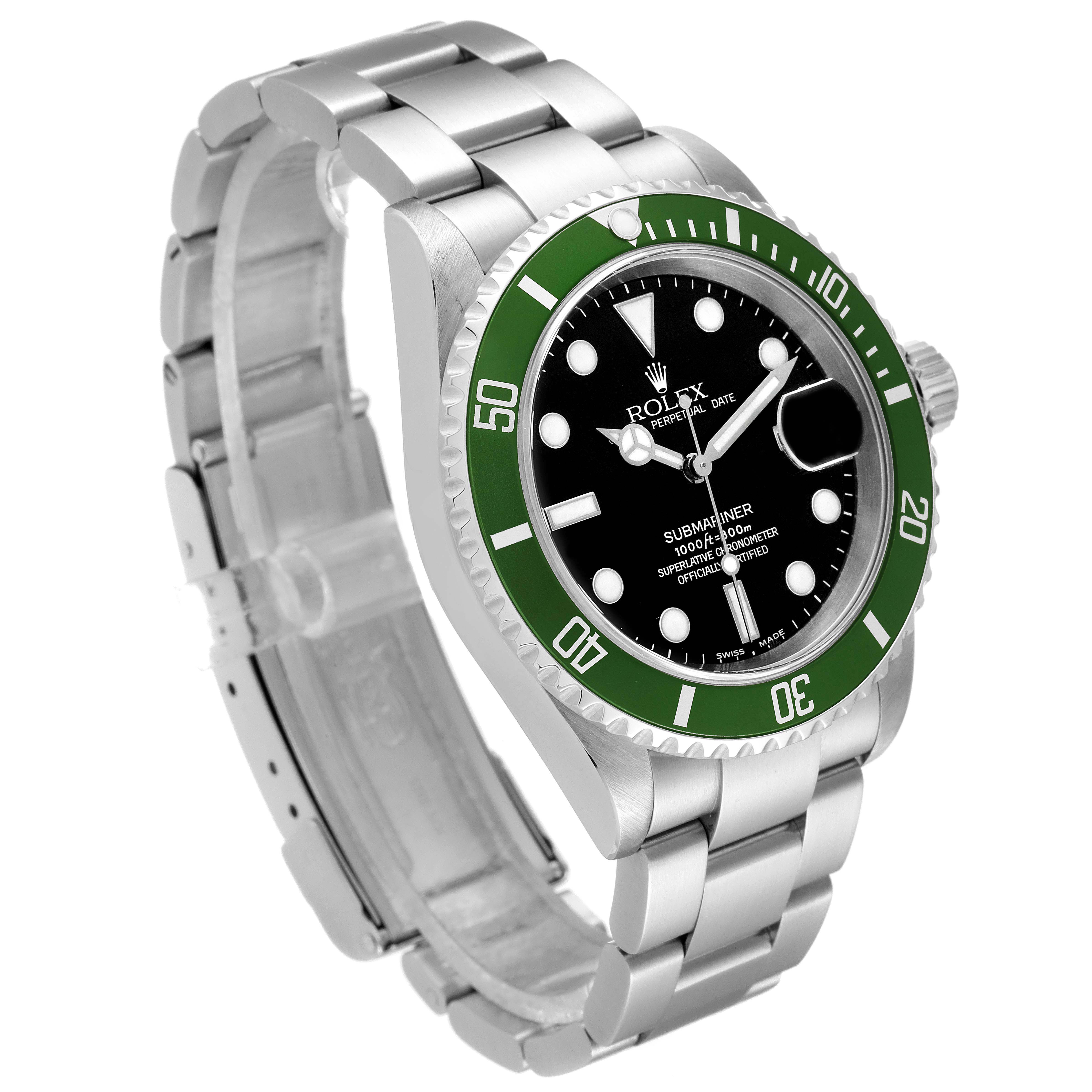 The Rolex Submariner 16610LV Men's Stainless Steel Black Dial watch is shown at a three-quarter angle, highlighting the green bezel, black dial, and stainless steel bracelet.