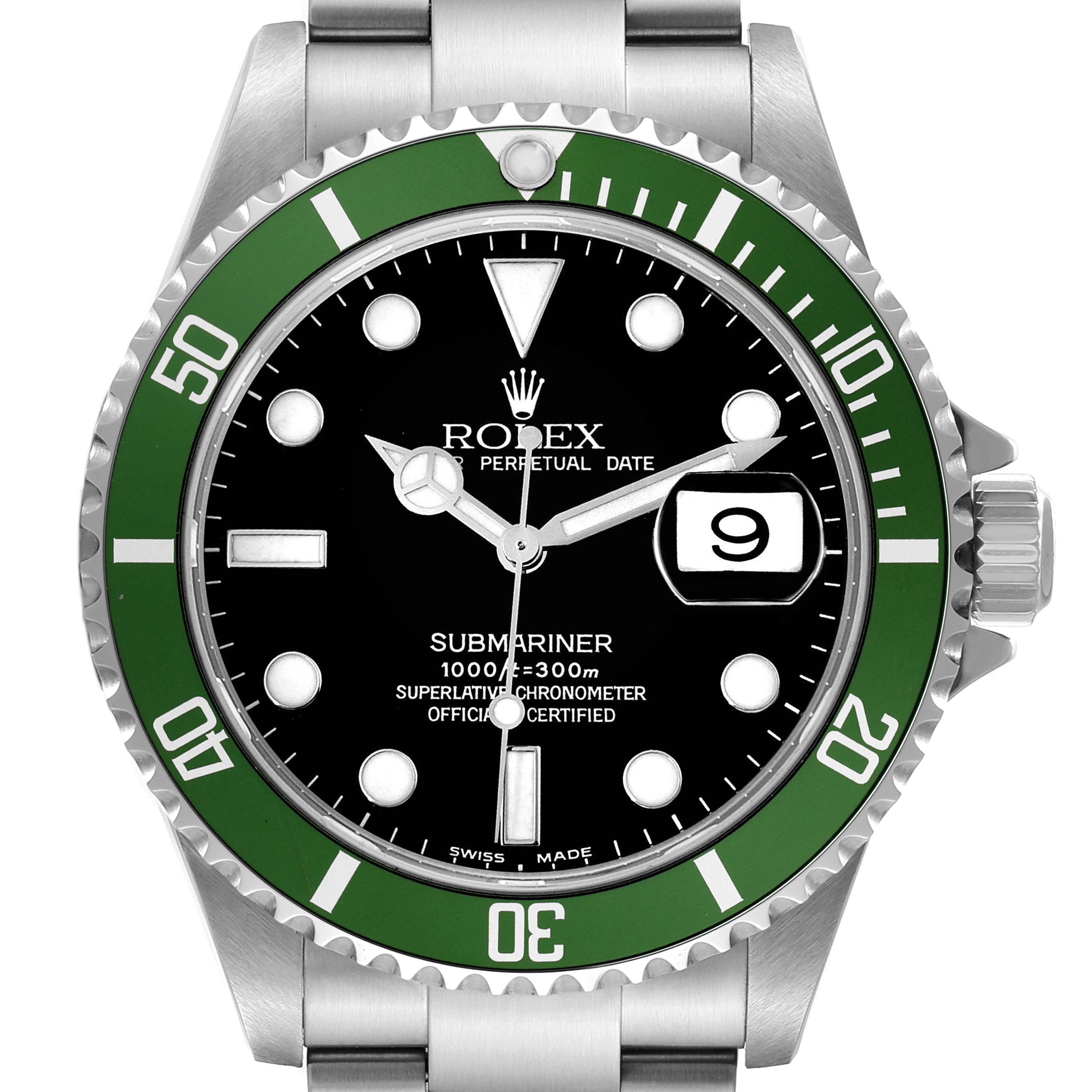 The Rolex Submariner 16610LV Men's Stainless Steel Black Dial is shown from a front angle, displaying the bezel, dial, and crown details clearly.