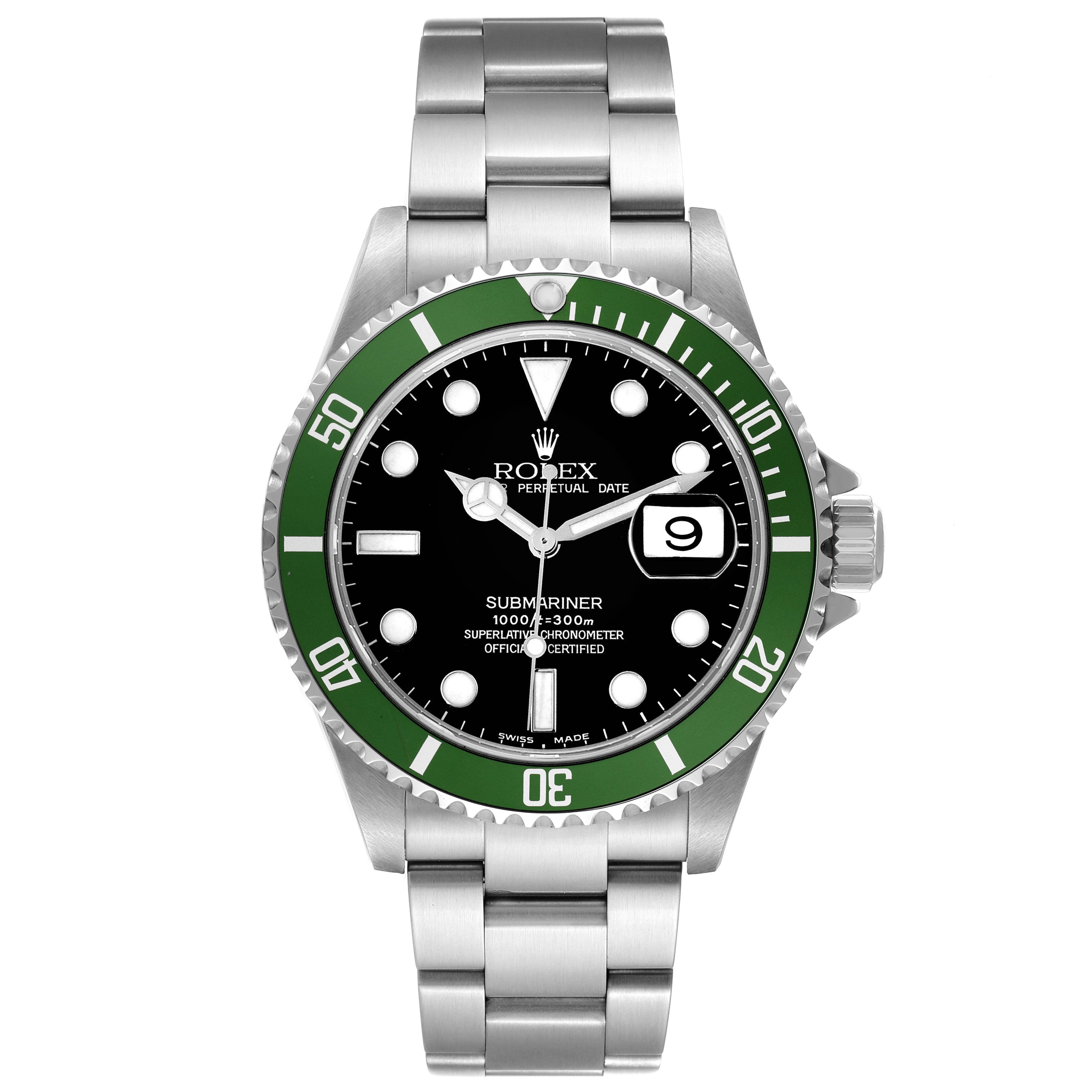 The Rolex Submariner 16610LV Men's Stainless Steel Black Dial watch is shown from a front angle, highlighting its green bezel, black dial, and bracelet.