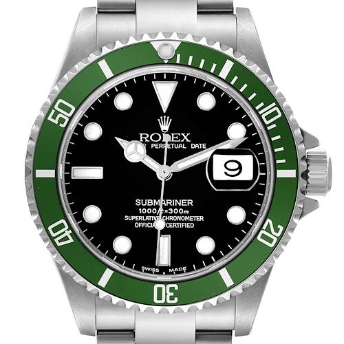 The Rolex Submariner 16610LV Men's Stainless Steel Black Dial watch is shown from a front angle, displaying the bezel, dial, hands, and date window.