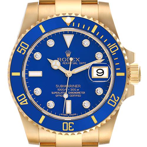 Photo of Rolex Submariner Yellow Gold Blue Diamond Dial Mens Watch 116618 Box Card