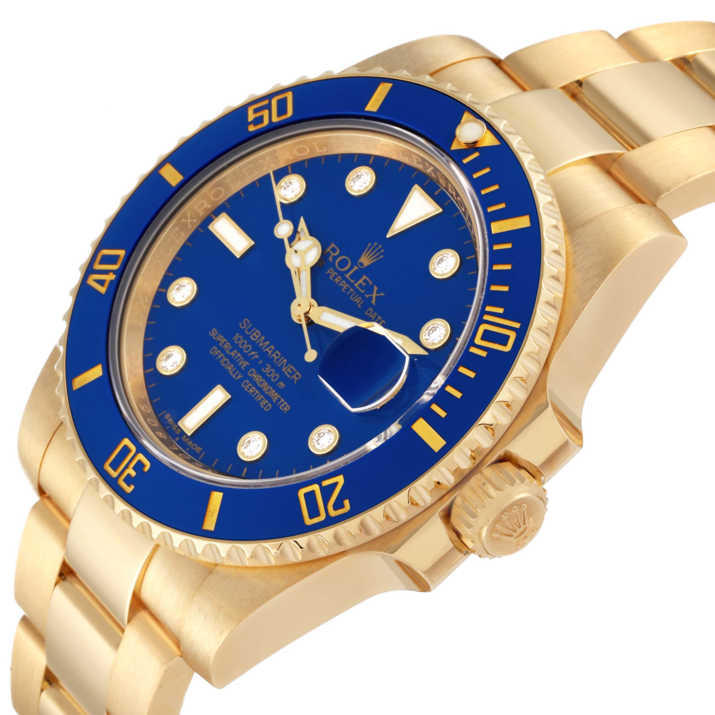 This image shows a side angle of a Rolex Submariner 116618LB Men's Yellow Gold Blue Dial 116618LB Men's Yellow Gold Blue Dial watch, highlighting the bezel, crown, and bracelet.
