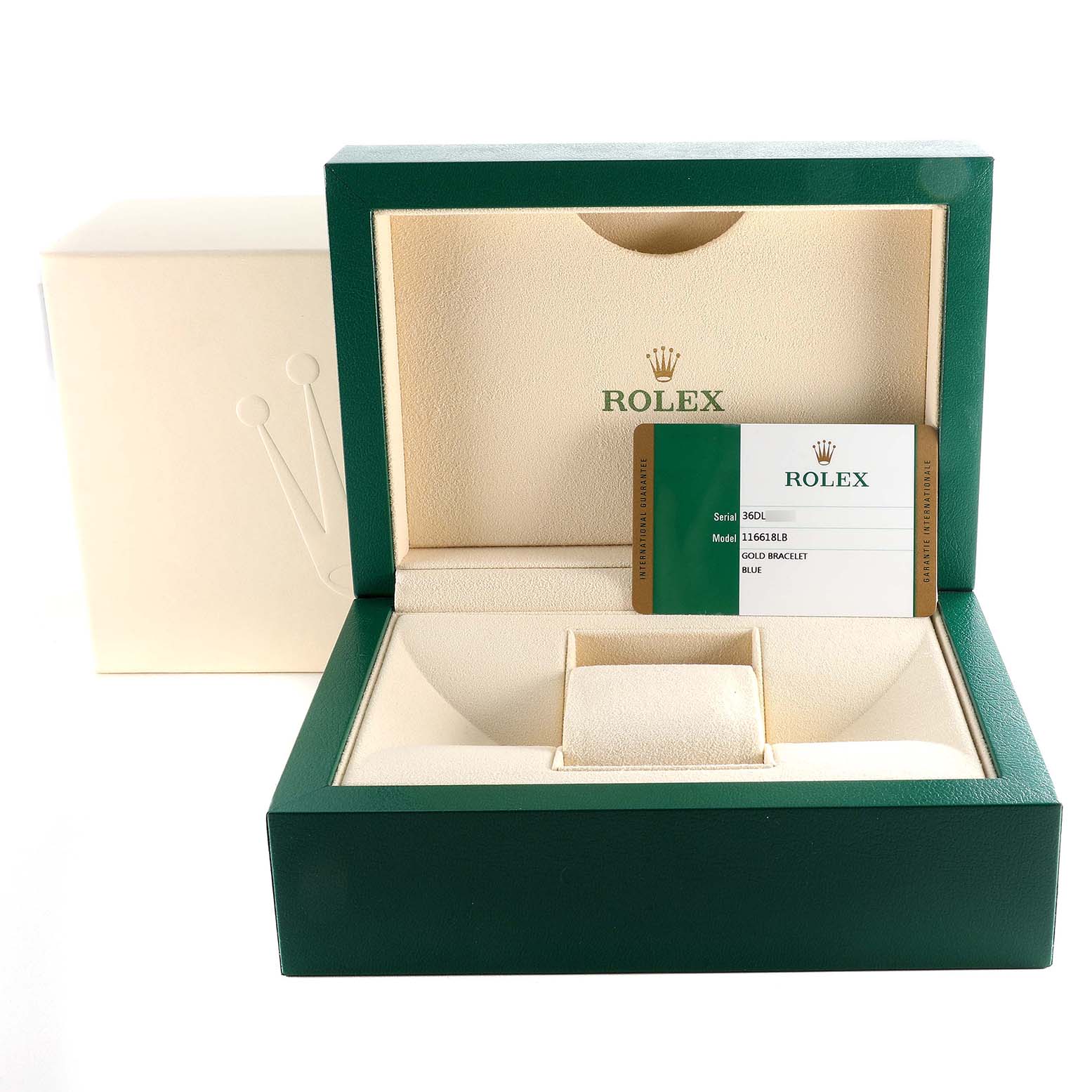 This image shows an open Rolex Submariner 116618LB Men's Yellow Gold Blue Dial 116618LB Men's Yellow Gold Blue Dial watch box with a warranty card inside.