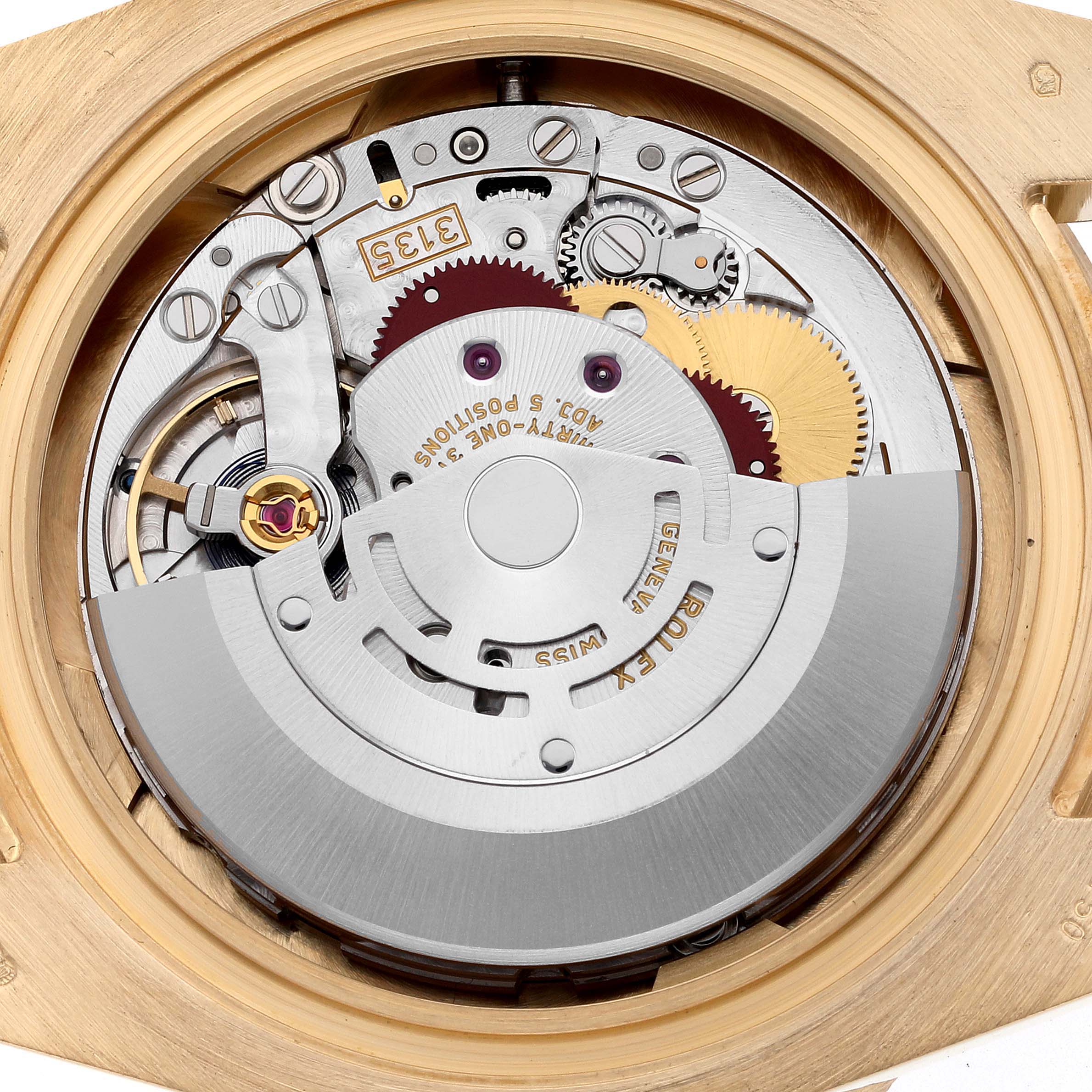 This close-up image shows the intricate movement and internal mechanism of a Rolex Submariner 116618LB Men's Yellow Gold Blue Dial 116618LB Men's Yellow Gold Blue Dial watch.