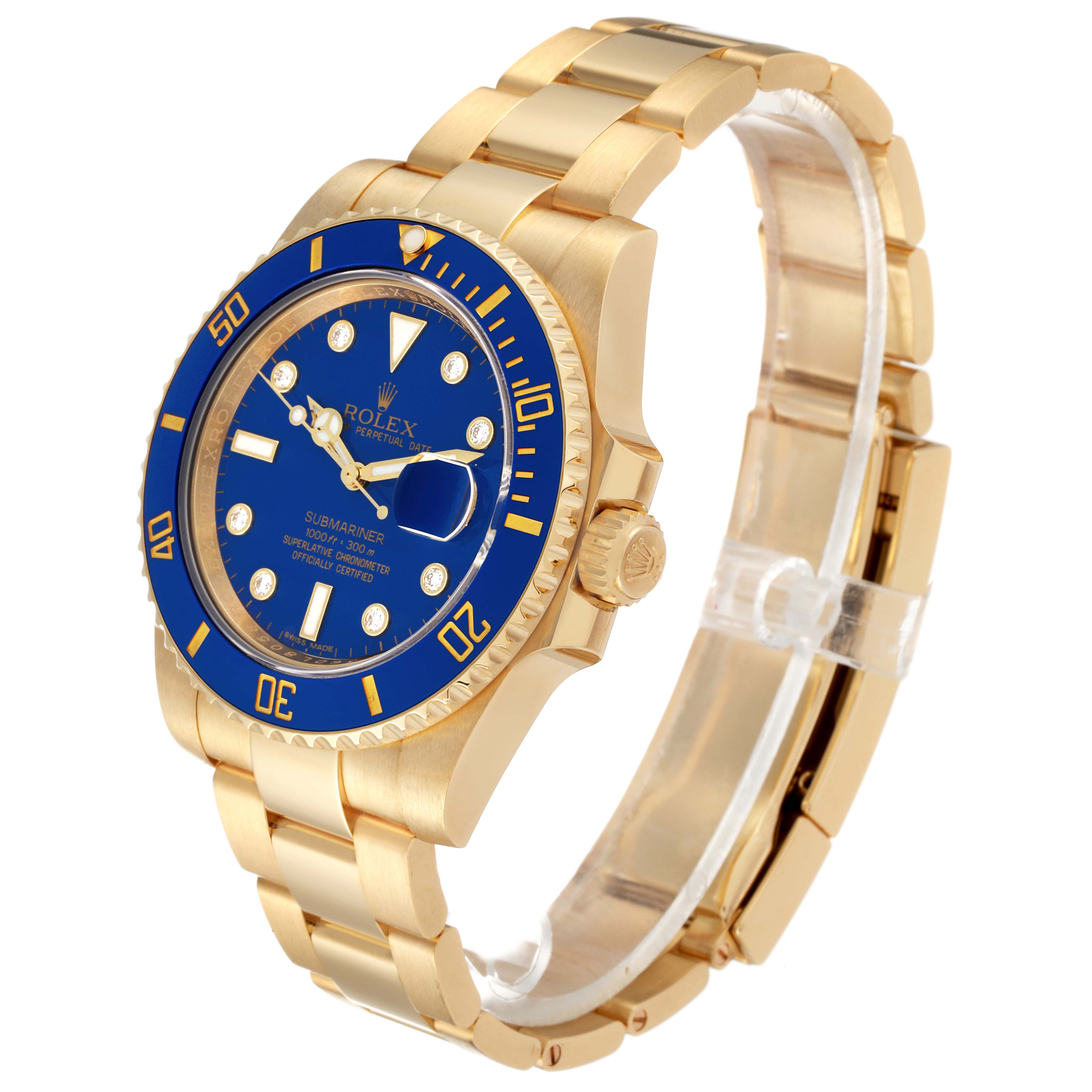 The Rolex Submariner 116618LB Men's Yellow Gold Blue Dial 116618LB Men's Yellow Gold Blue Dial watch is shown at a slight angle, highlighting its blue dial, gold case, and bracelet.