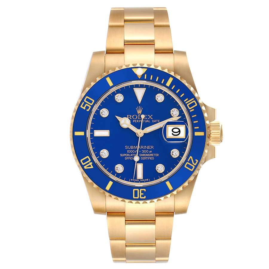 Rolex Submariner Yellow Gold Blue Diamond Dial Mens Watch 116618 Box ...