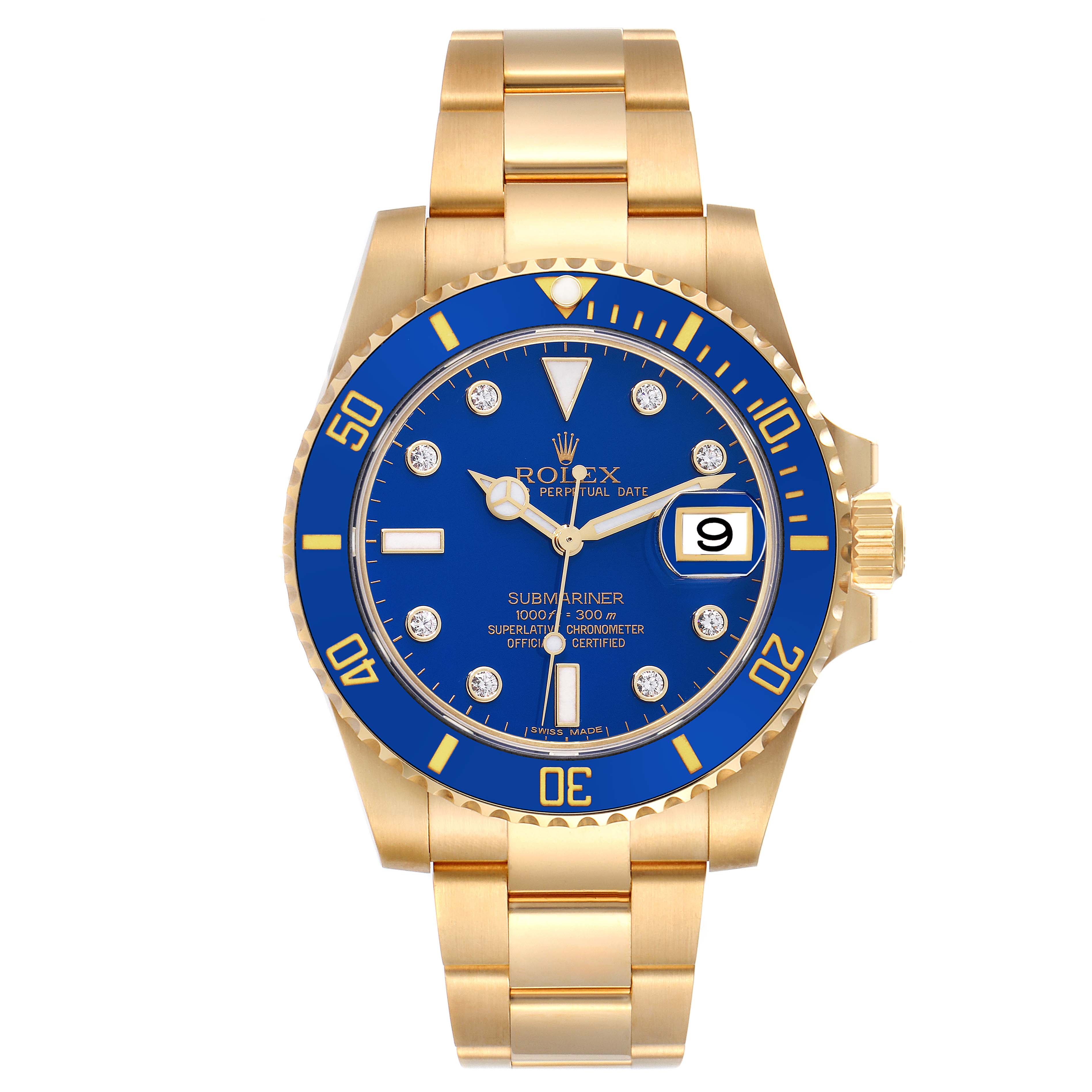 This image shows a Rolex Submariner 116618LB Men's Yellow Gold Blue Dial 116618LB Men's Yellow Gold Blue Dial watch in a frontal view, featuring a blue dial, date display, and gold bracelet.
