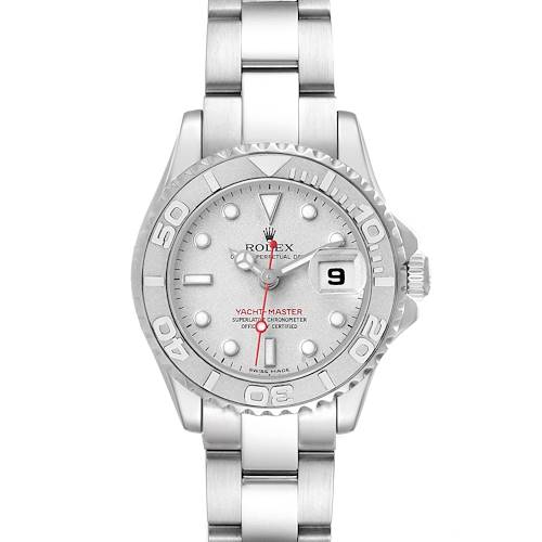 The Rolex Yacht-Master 169622 Women's Stainless Steel Silver Dial watch is shown from a front angle, displaying the dial, bezel, bracelet, and date window.
