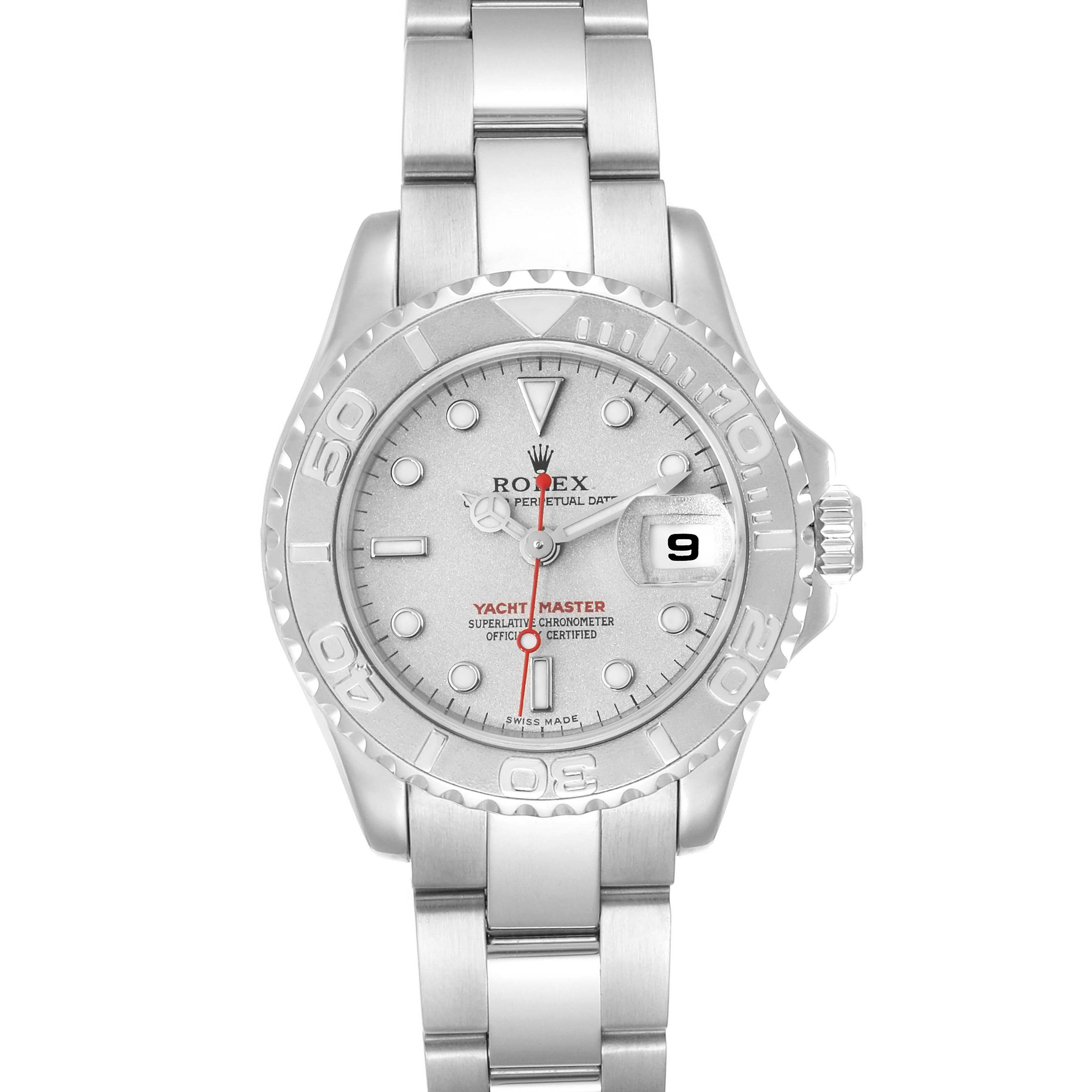 The Rolex Yacht-Master 169622 Women's Stainless Steel Silver Dial 169622 Women's Stainless Steel Silver Dial watch is shown from a front angle, displaying the dial, bezel, case, and part of the bracelet.
