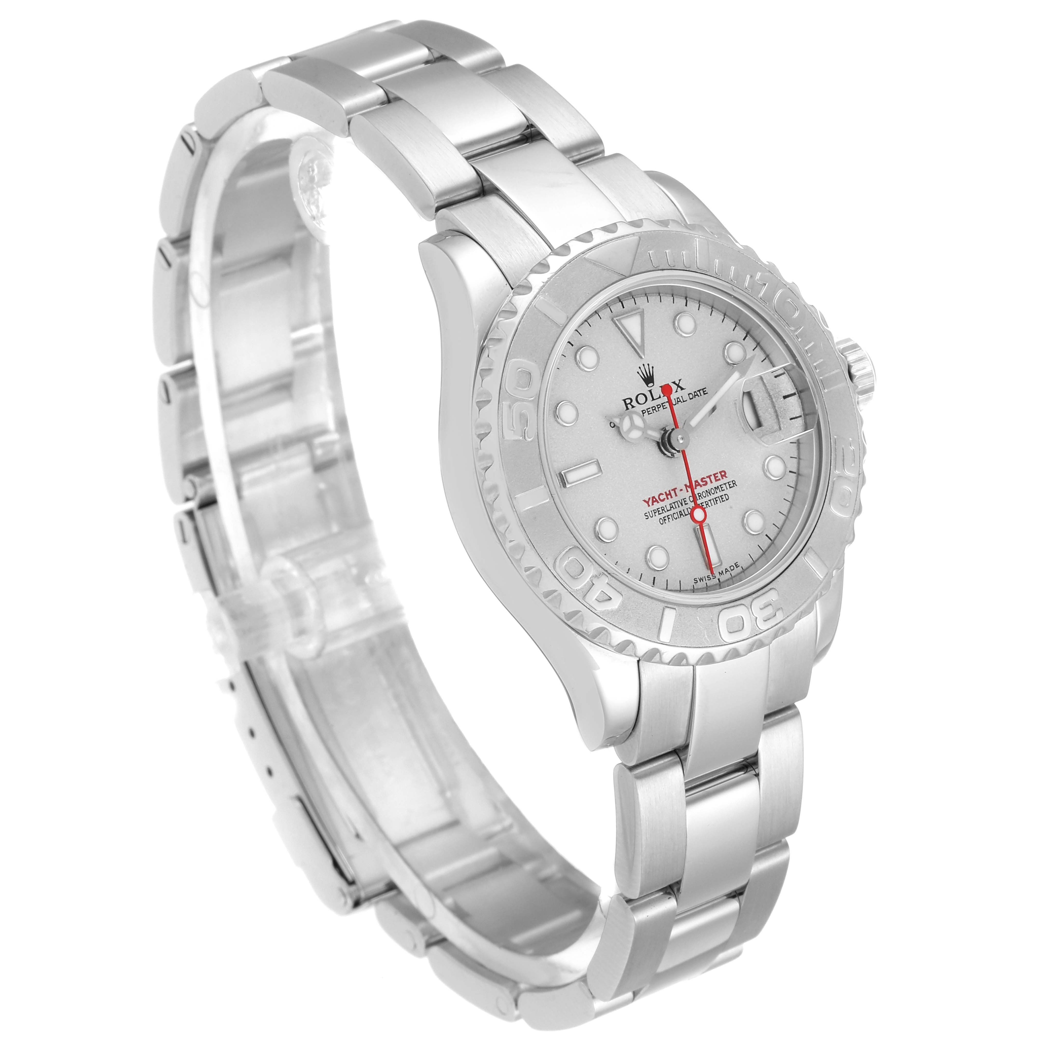 The Rolex Yacht-Master 169622 Women's Stainless Steel Silver Dial 169622 Women's Stainless Steel Silver Dial watch is shown at a three-quarter angle, highlighting the face, bezel, and bracelet.