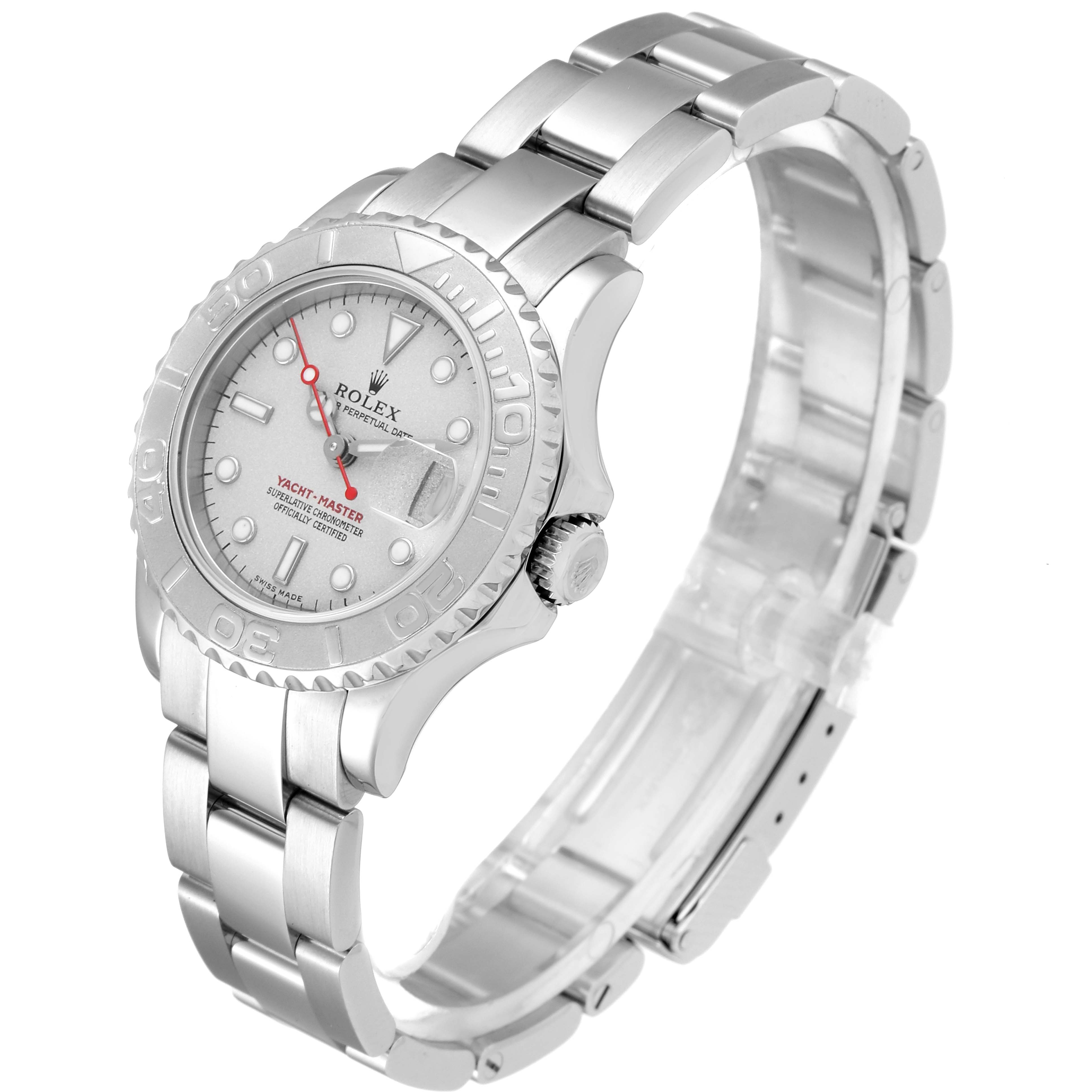 This image shows a Rolex Yacht-Master 169622 Women's Stainless Steel Silver Dial 169622 Women's Stainless Steel Silver Dial watch from a left side angle, highlighting the bezel, dial, bracelet, and crown.