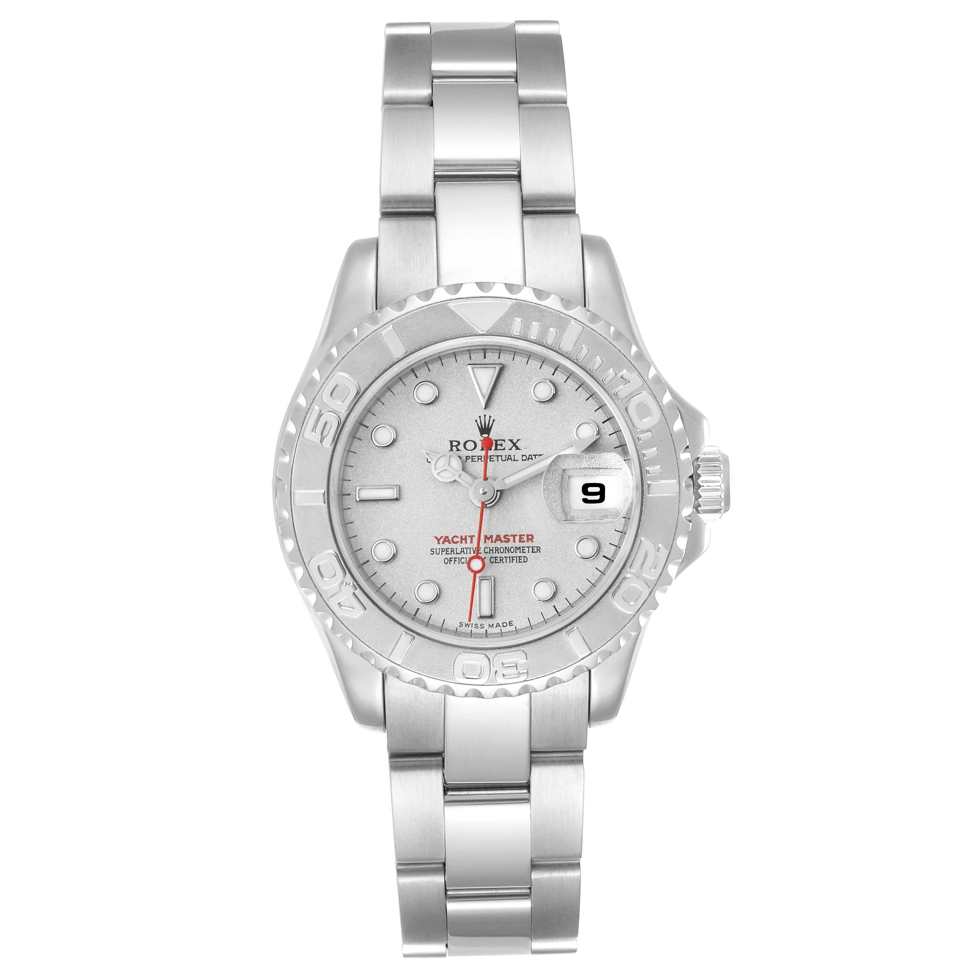 The image shows a front view of the Rolex Yacht-Master 169622 Women's Stainless Steel Silver Dial 169622 Women's Stainless Steel Silver Dial watch, displaying the dial, bezel, and metal bracelet.