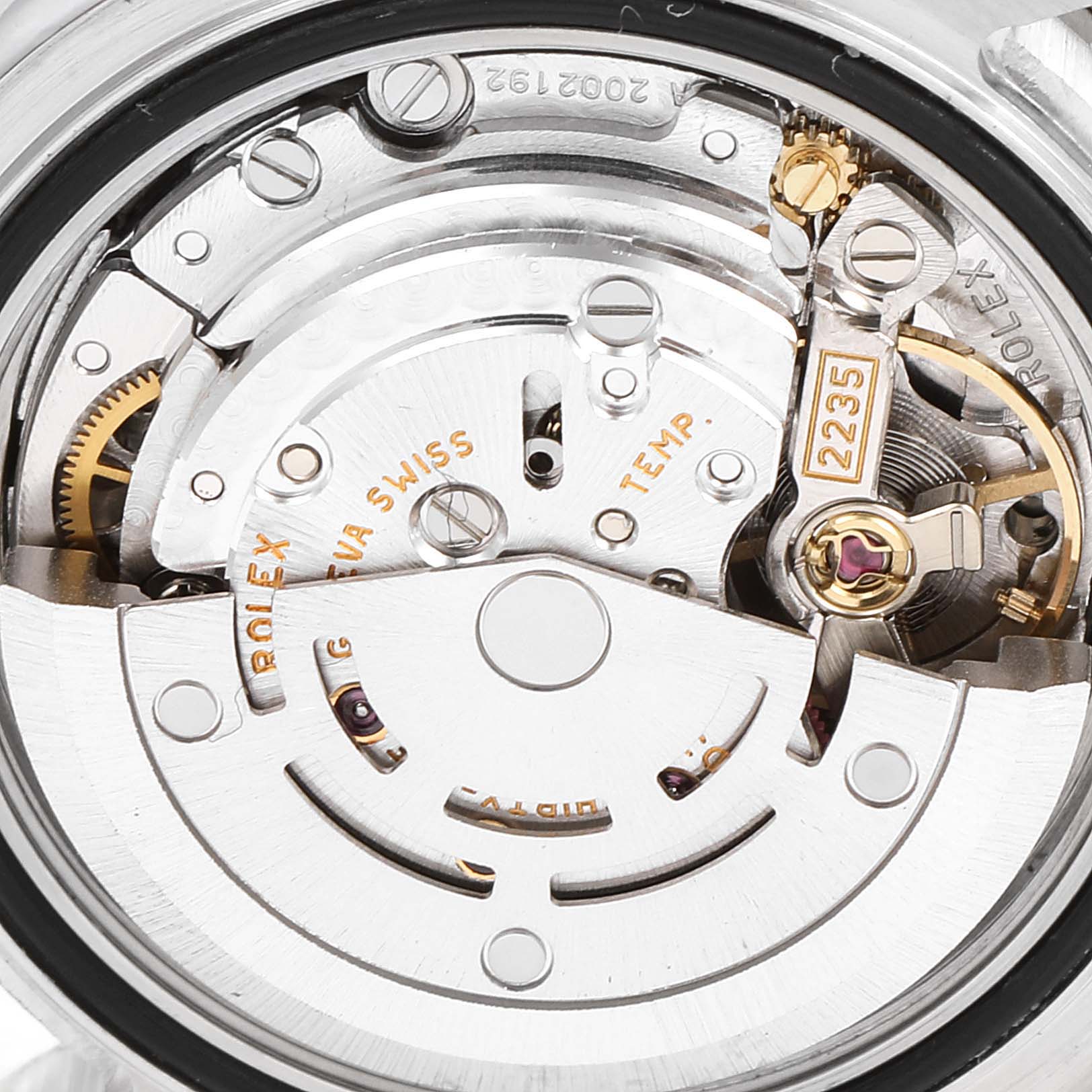 The image shows a close-up of the movement mechanism inside a Rolex Yacht-Master 169622 Women's Stainless Steel Silver Dial 169622 Women's Stainless Steel Silver Dial watch.