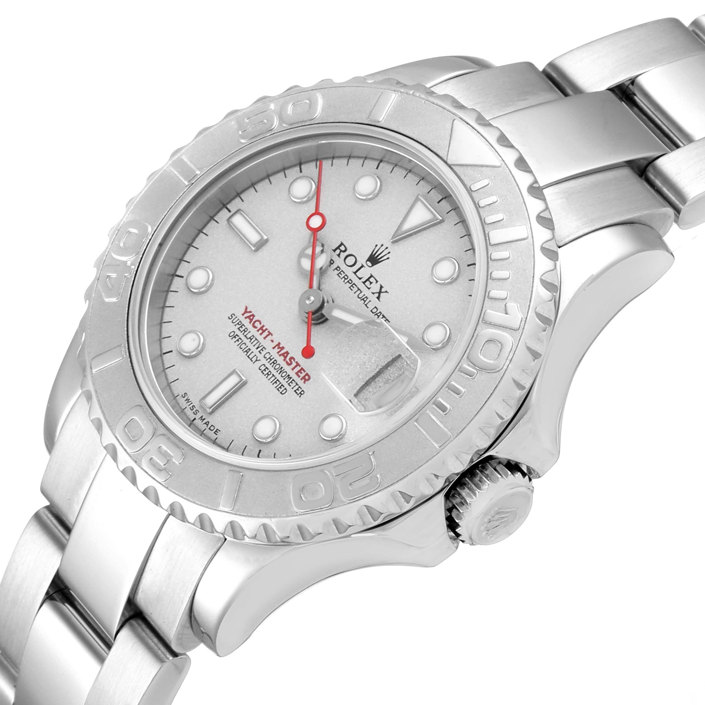 The image shows a close-up angle of the Rolex Yacht-Master 169622 Women's Stainless Steel Silver Dial 169622 Women's Stainless Steel Silver Dial watch, highlighting the dial, bezel, crown, and part of the bracelet.