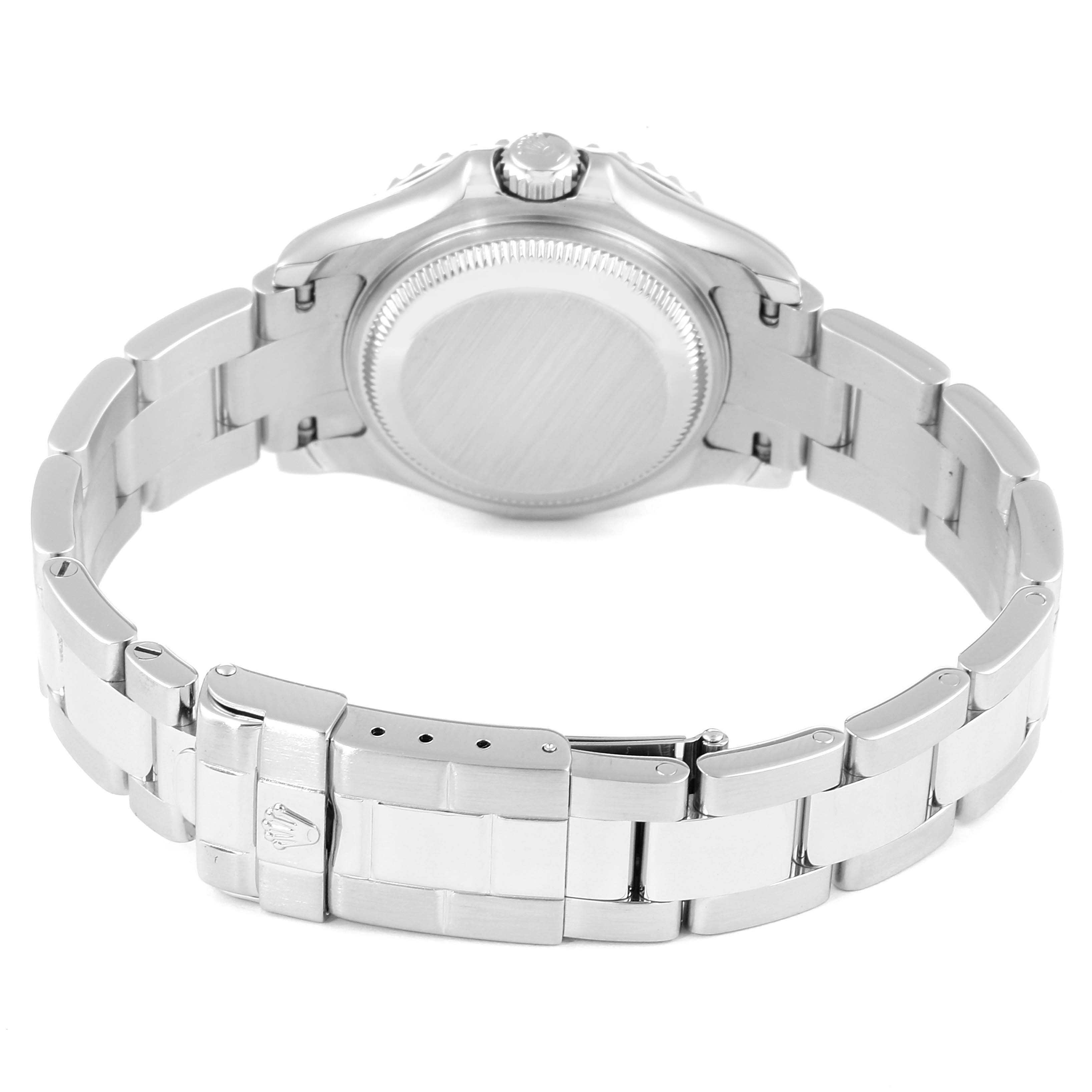 The image shows the back view of a Rolex Yacht-Master 169622 Women's Stainless Steel Silver Dial 169622 Women's Stainless Steel Silver Dial watch, highlighting the case back, crown, and bracelet with clasp.