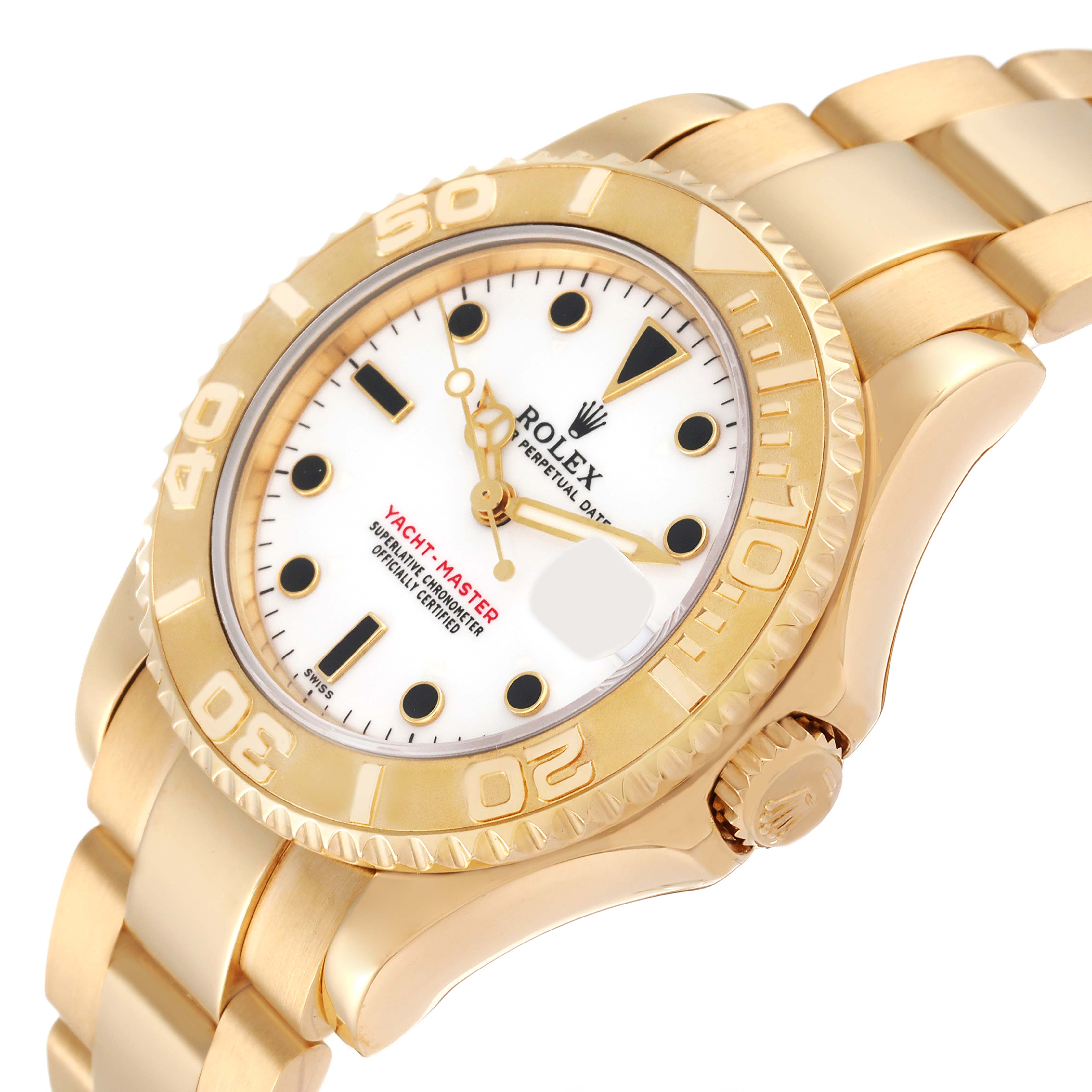 The image shows a Rolex Yacht-Master 68628 Men's Yellow Gold White Dial 68628 Men's Yellow Gold White Dial watch angled to display the face, bezel, crown, and part of the bracelet.
