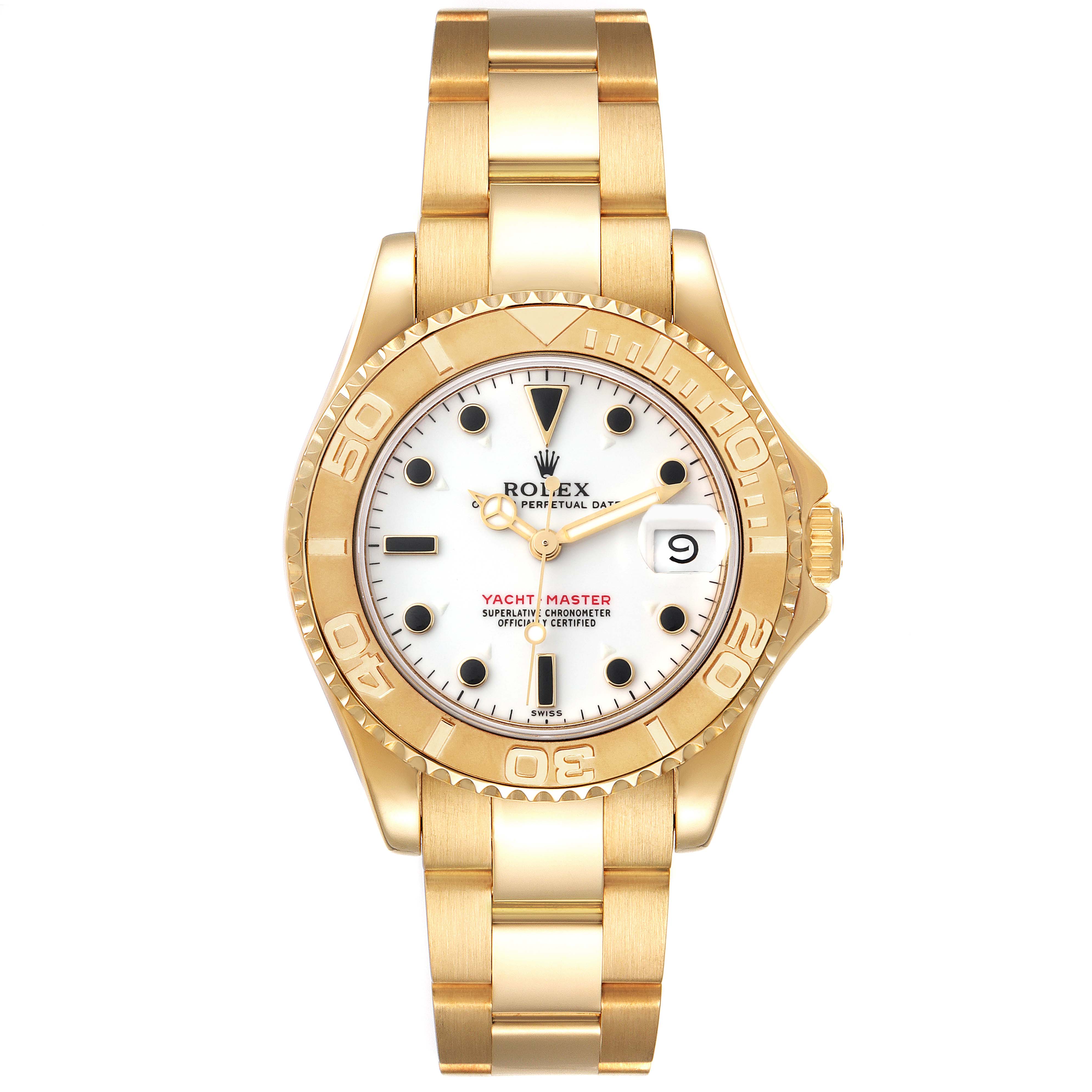This image shows a front view of the Rolex Yacht-Master 68628 Men's Yellow Gold White Dial 68628 Men's Yellow Gold White Dial watch, displaying its face, bezel, and bracelet.