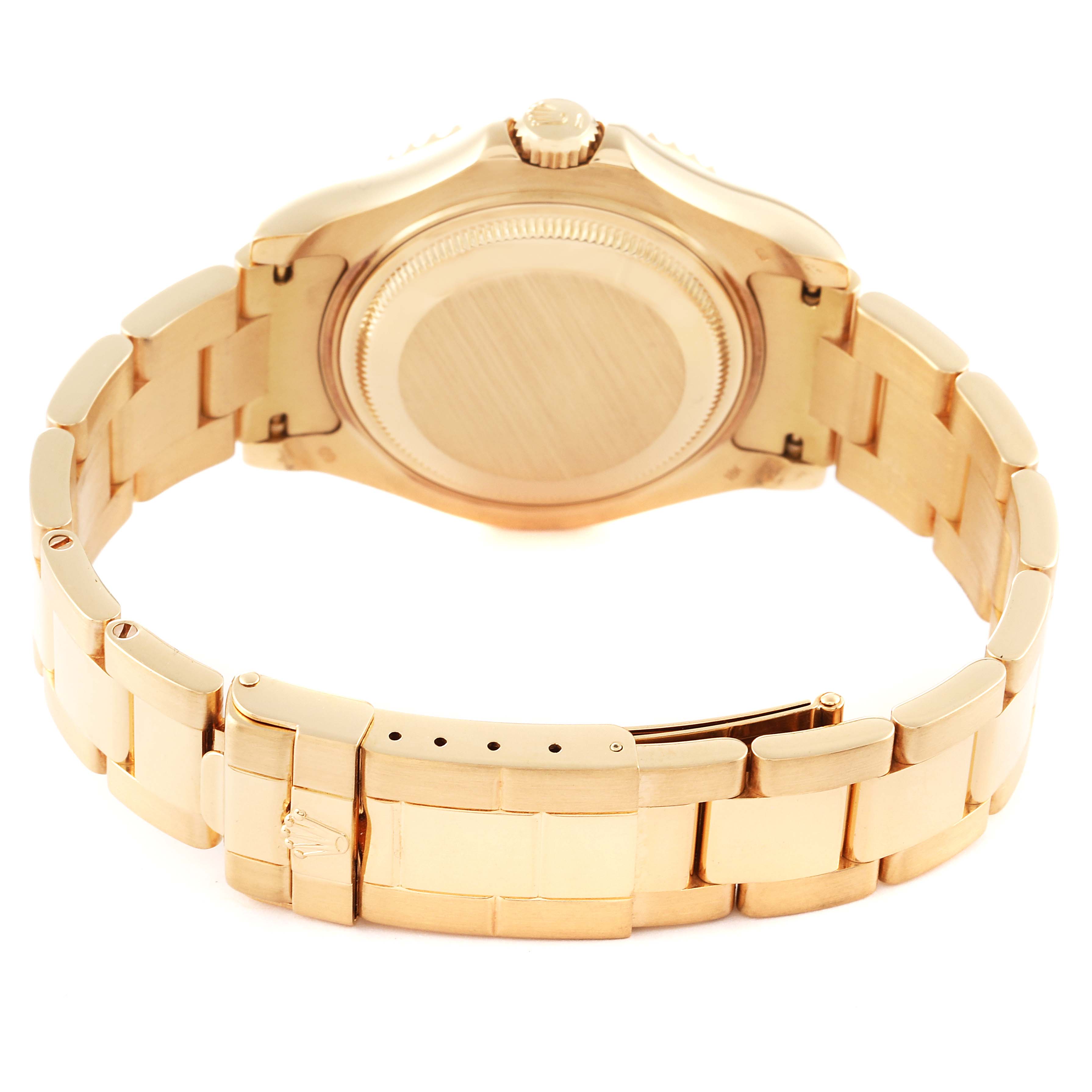 The image shows the back case and bracelet of a Rolex Yacht-Master 68628 Men's Yellow Gold White Dial 68628 Men's Yellow Gold White Dial watch from a rear angle.