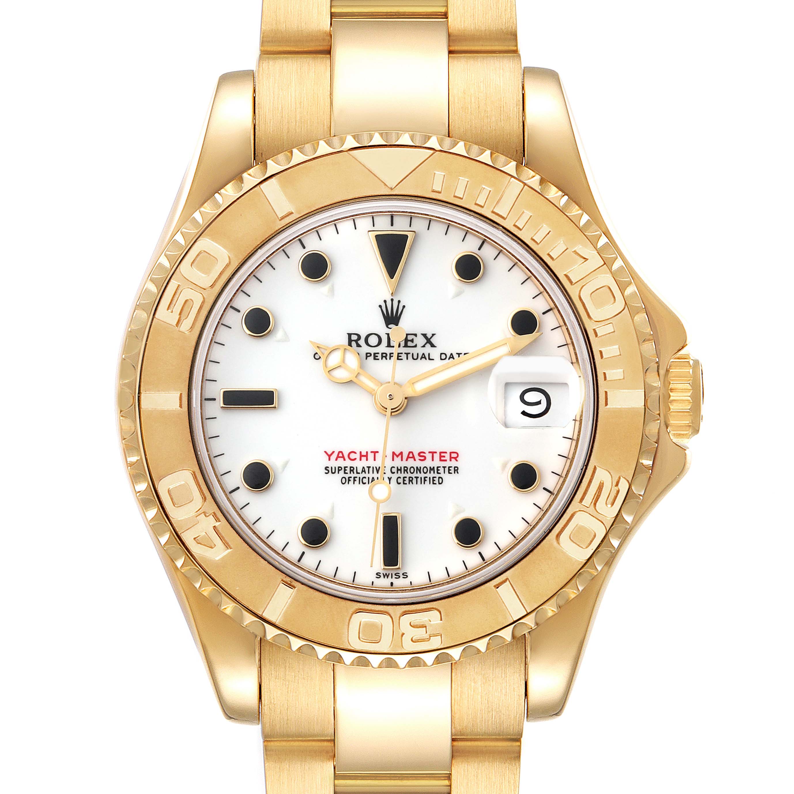 The image shows a front view of the Rolex Yacht-Master 68628 Men's Yellow Gold White Dial 68628 Men's Yellow Gold White Dial watch, highlighting its gold case, white dial, date display, and bracelet.