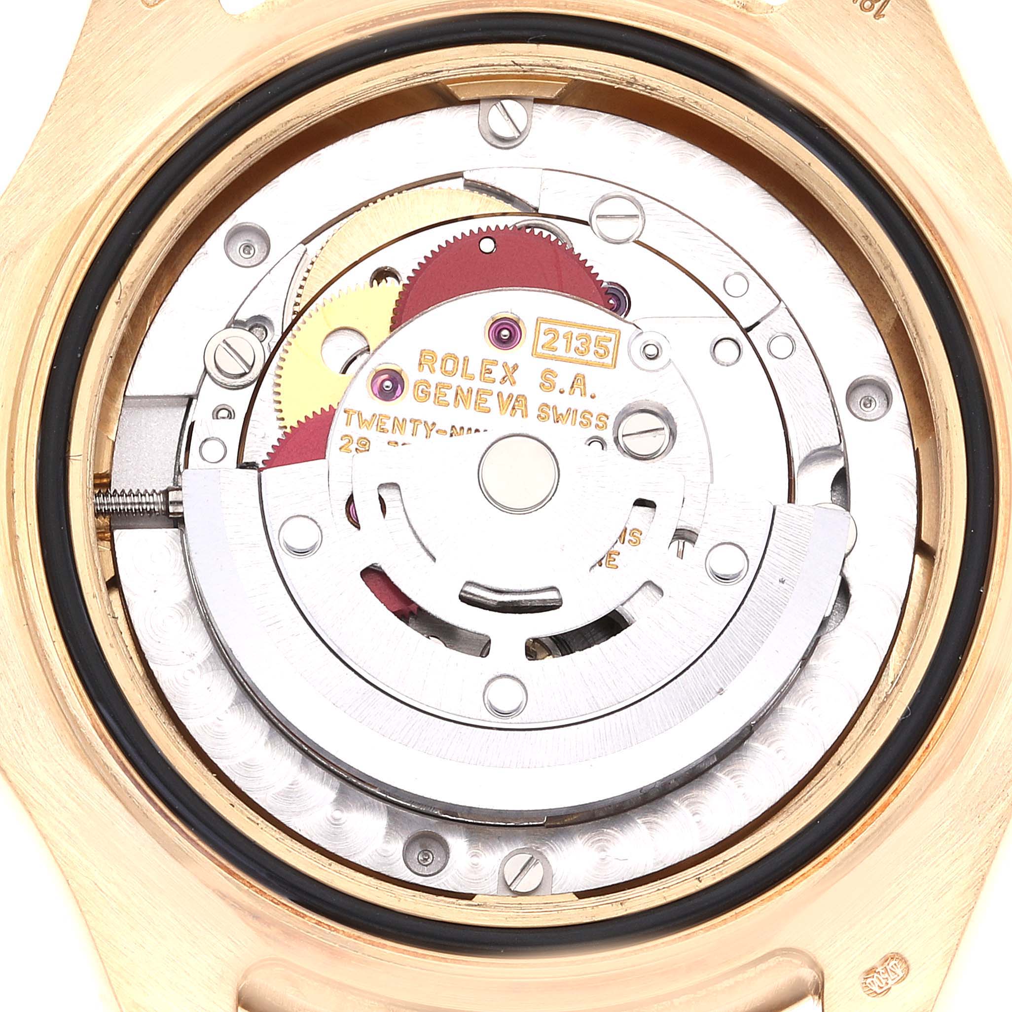The image shows the internal mechanism of the Rolex Yacht-Master 68628 Men's Yellow Gold White Dial 68628 Men's Yellow Gold White Dial watch from a back angle.