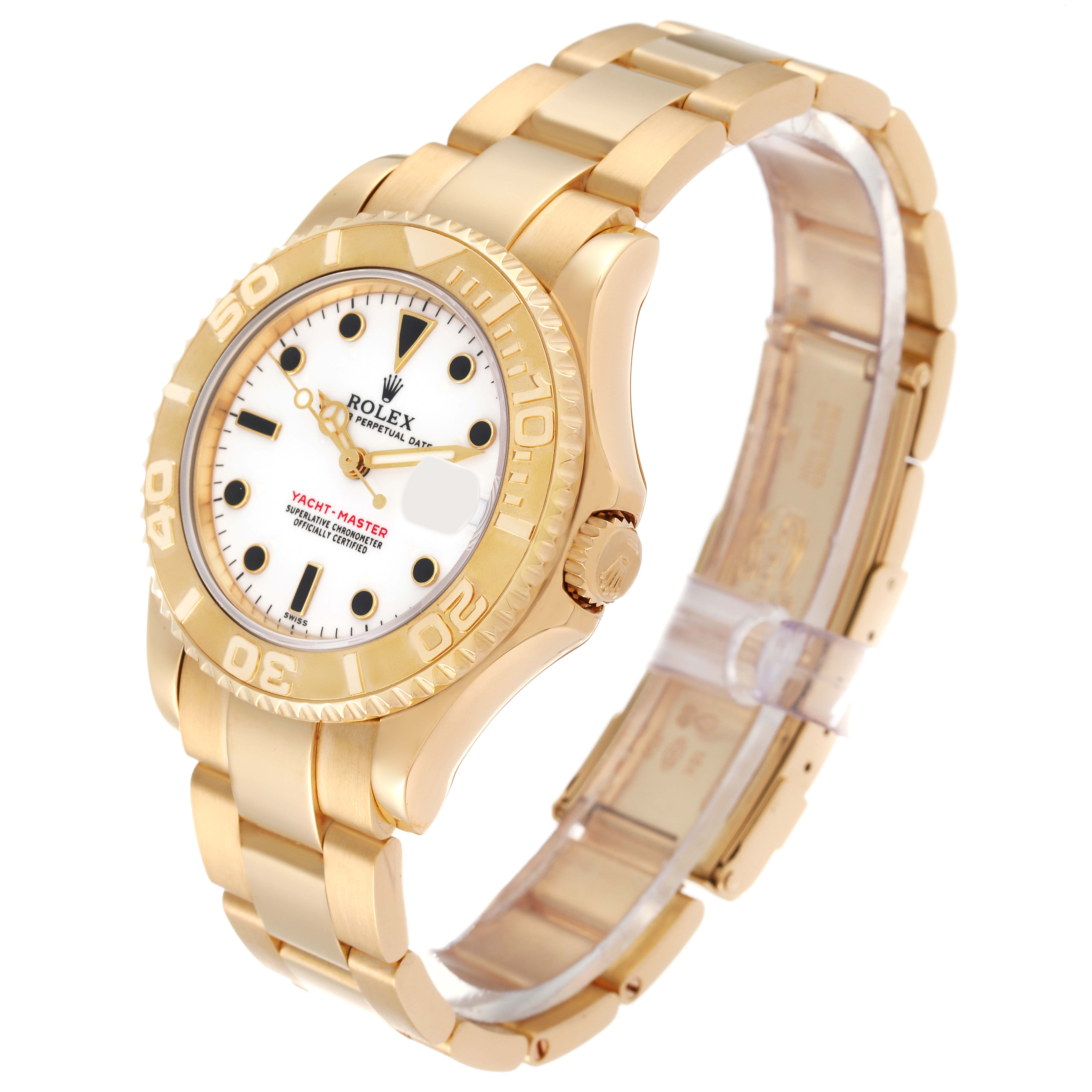 The Rolex Yacht-Master 68628 Men's Yellow Gold White Dial 68628 Men's Yellow Gold White Dial watch is shown at a slight angle, revealing the dial, bezel, crown, bracelet, and clasp.