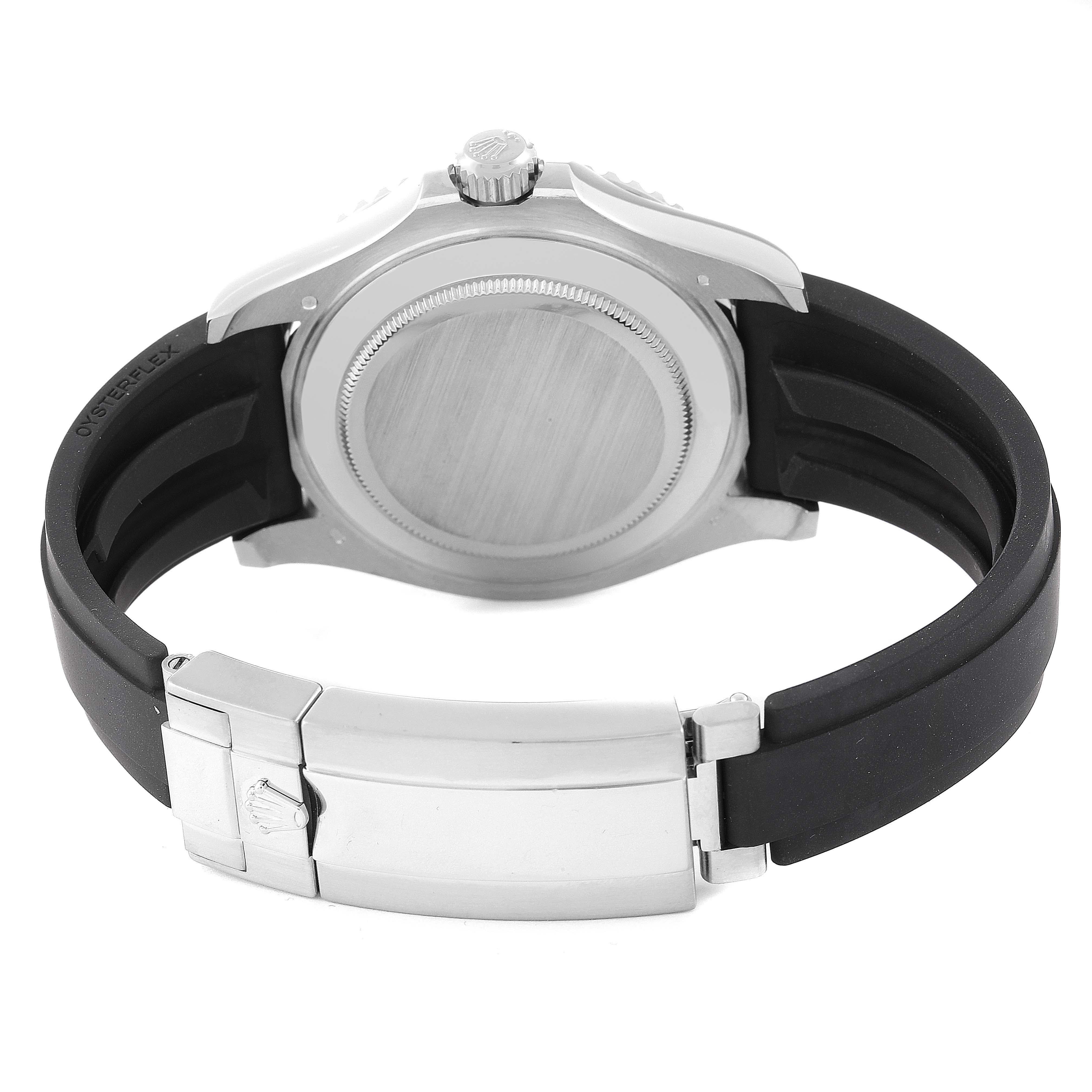 The image shows the back of a Rolex Yacht-Master 226659 Men's White Gold Black Dial 226659 Men's White Gold Black Dial watch, focusing on the case back, crown, and black Oysterflex strap with clasp.